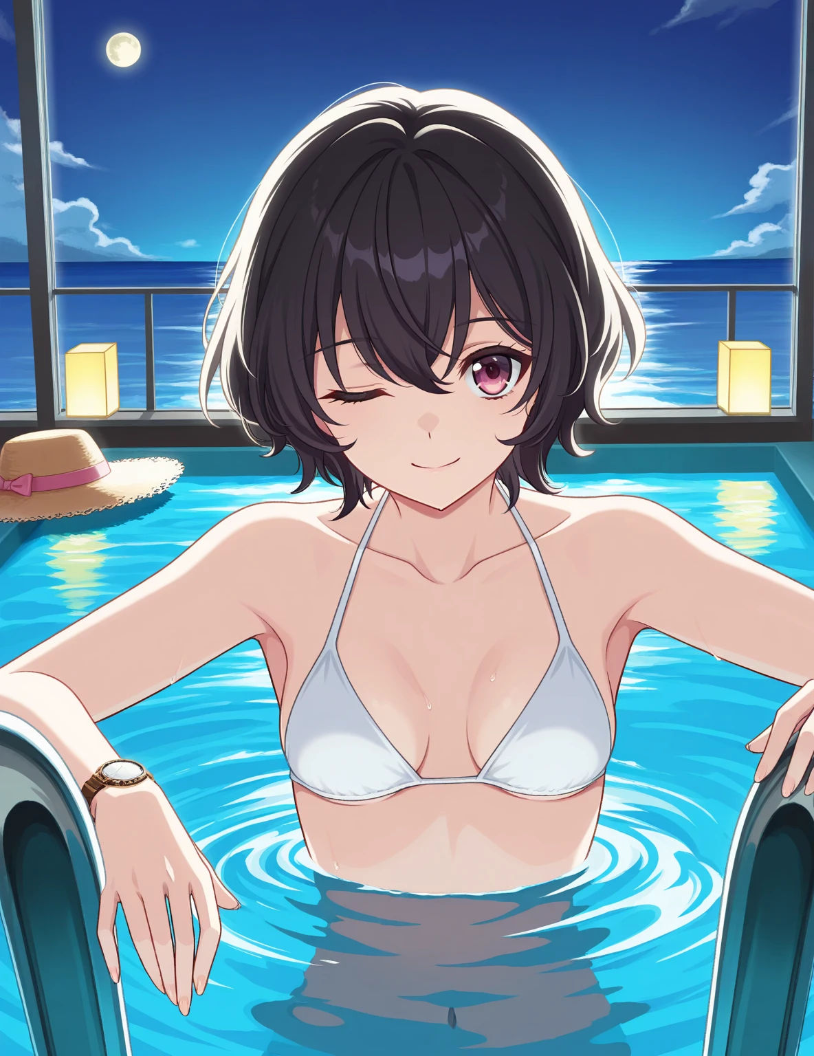 [anime styled]],[[digitalart]],nsfw,Tomomi_saikyou,black hair,Short hair,bob cut,hair ribbon,midium build,swimsuit,bikini,wet,pool side,sitting,soak a foot in water,summer,1girl in,short torso,anime screen cap,cel shading,smile, (strong light)、((brighten the subject)),pin-up girl pose