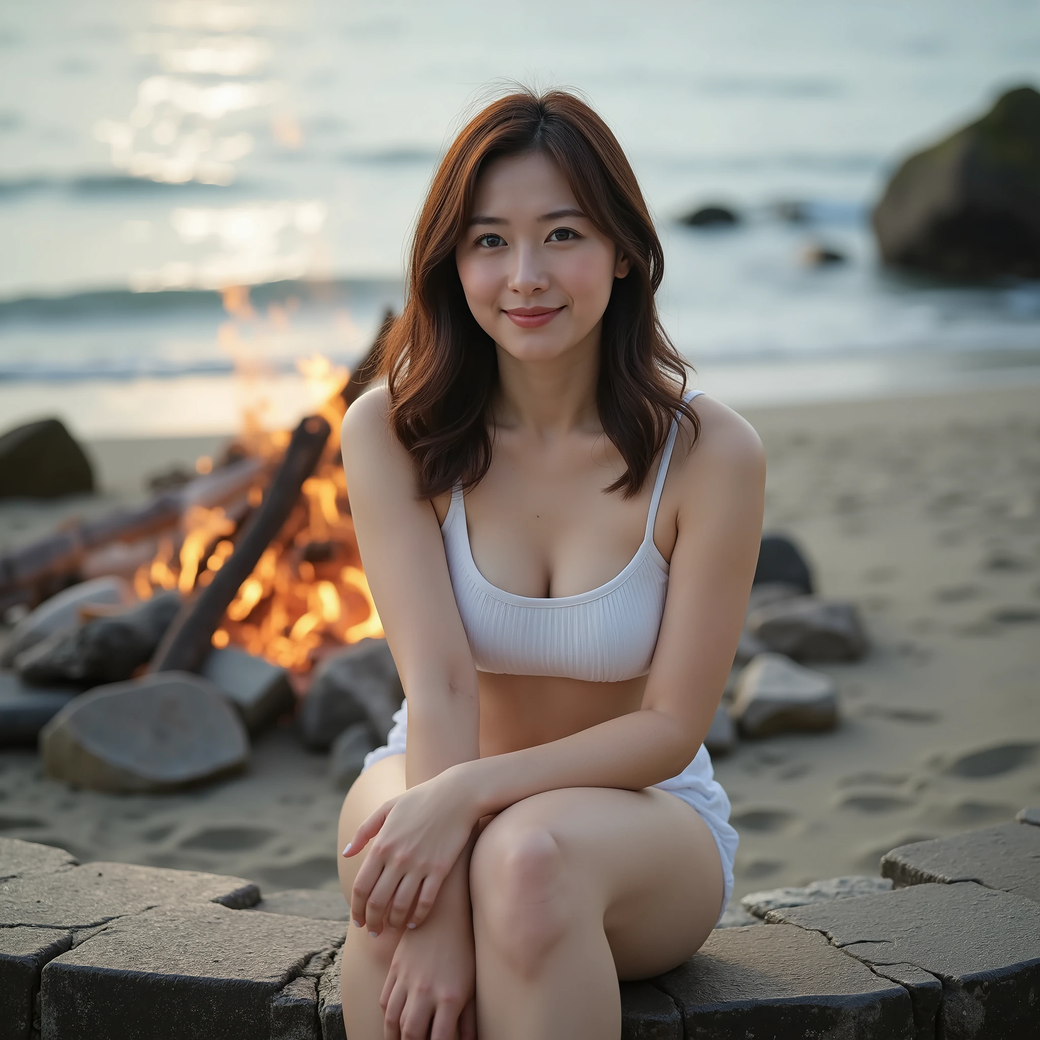 『 1 girl :1.3』『 実写photograph:1.3』 top quality:1.2、(( big breasted ))、 showing slight chest 、(( young woman))、(( has red cheeks ))(( is laughing))、((( 解剖学的に正しい 、 perfect anatomy、 anatomically correct fingers )))
、( plump body)、 sitting around a campfire on the beach , ( beautiful Japanese in a light sweater and shorts , sharing stories and jokes with friends .), tall Highly detailed な, 21 years old, innocent face, natural wave hair , blue eyes, high definition , Chief ' artwork, top quality, intricate detail in wet water, tall Highly detailed な, sharpness, detailed skin, realistic skin texture , texture , detailed eyes, professional , 4K, , charming smile , Shot by a cannon , 85mm, sitting on a stone balustrade shallow depth of field , Kodak Vision Color, Perfectly adjusted body , tall Highly detailed , photograph_\(Ultra\), photo realistic , realistic , Post-Processing , Details Maximum , Roughness, Real Life, Ultra realistic , photorealism, photograph, 8K huh?, photograph