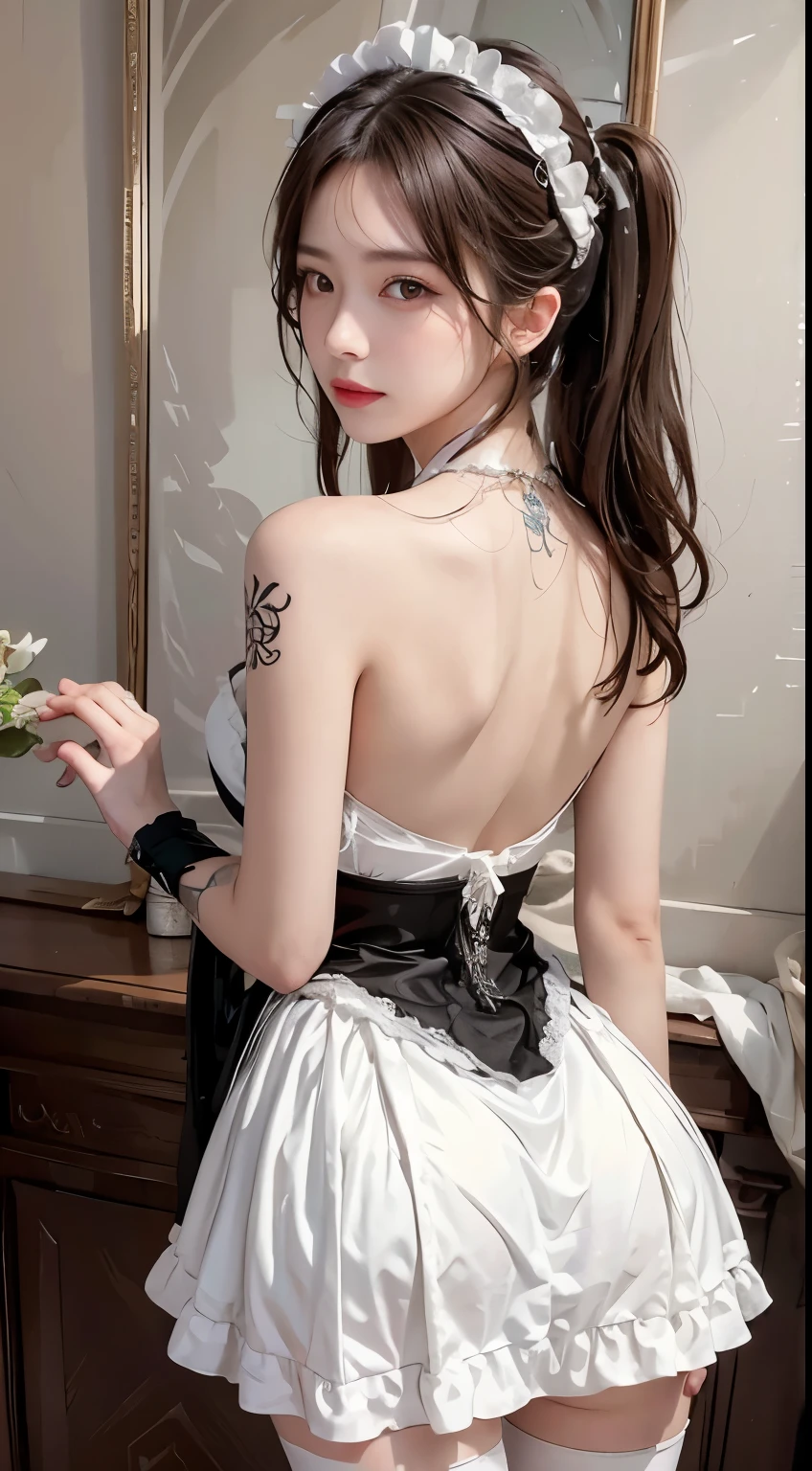 photorealistic, high resolution, soft light,1women, solo, hips up, (detailed face),tattoo, jewelry, wearing sexy maid dress, long hair, back view