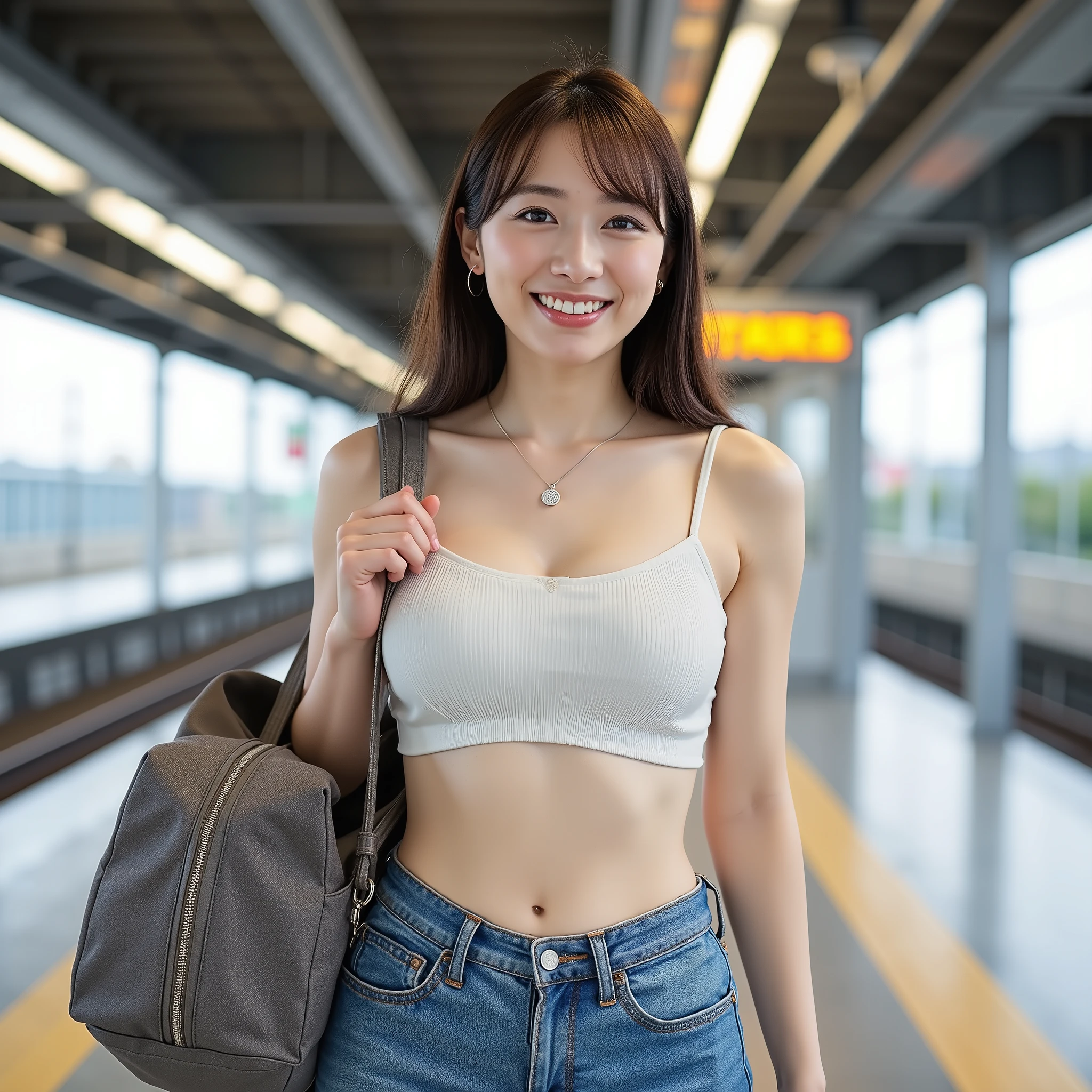 『 1 girl :1.3』『 Actual photo:1.3』 top quality:1.2、(( big breasted ))、 showing slight chest 、(( young woman))、(( has red cheeks ))(( is laughing))、((( 解剖学的に正しい 、 perfect anatomy 、 anatomically correct fingers )))
、( plump body)、 32k photorealistic with travel bag , RAW photo , Japanese , female in her 20s, with long dark brown hair , double eyelids, トラベルバッグ付き , smile, waiting for her boyfriend at the train station 、Bring a travel bag