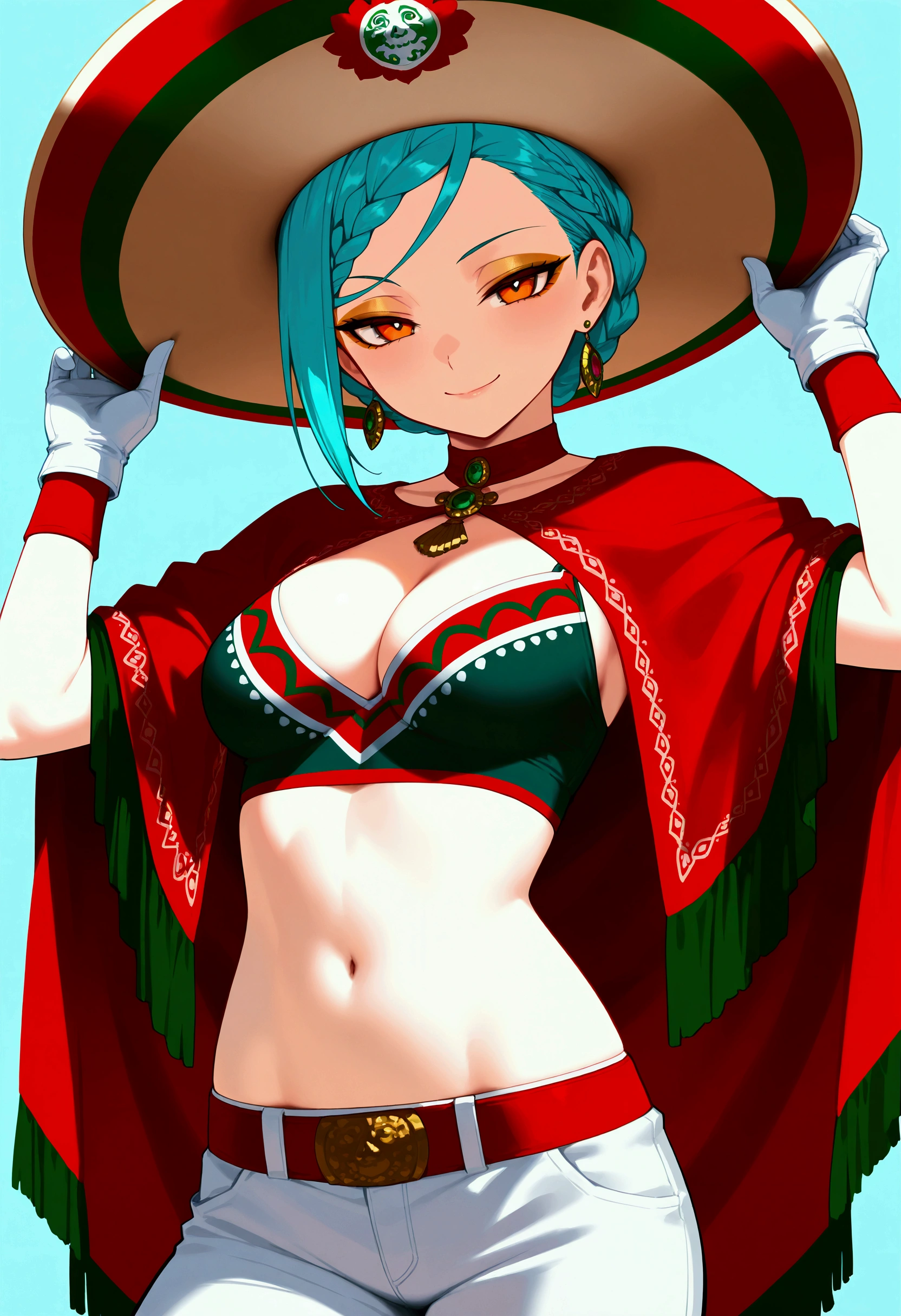 1girl, (best quality), 8k, masterpiece, aqua hair, short hair, braided bangs hairstyle, calm, BREAK, orange eyes, golden eyeshadow, ,  smile, BREAK, calavera, cleavage, gloves, hat, index_fingers_raised, looking_at_viewer, mexican_clothes, mexico, midriff, navel, official_alternate_costume, poncho, short_hair, simple_background, smile, solo, sombrero, stomach, ,
