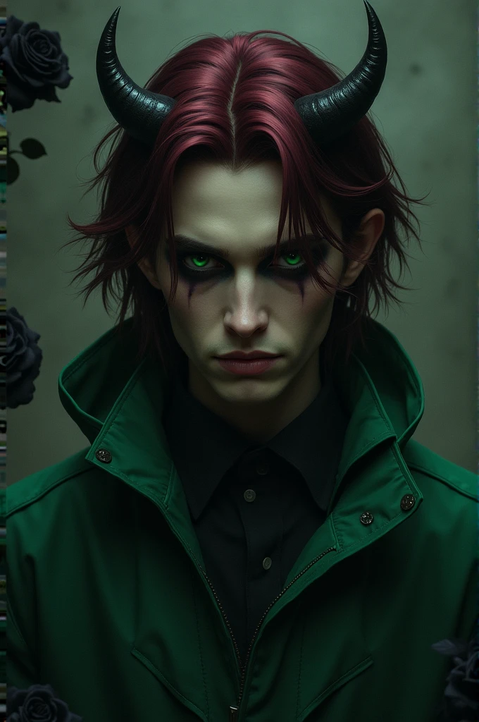 Tall man with red hair in a black outfit with a psychopath's face in a dark forest super realistic and well detailed
