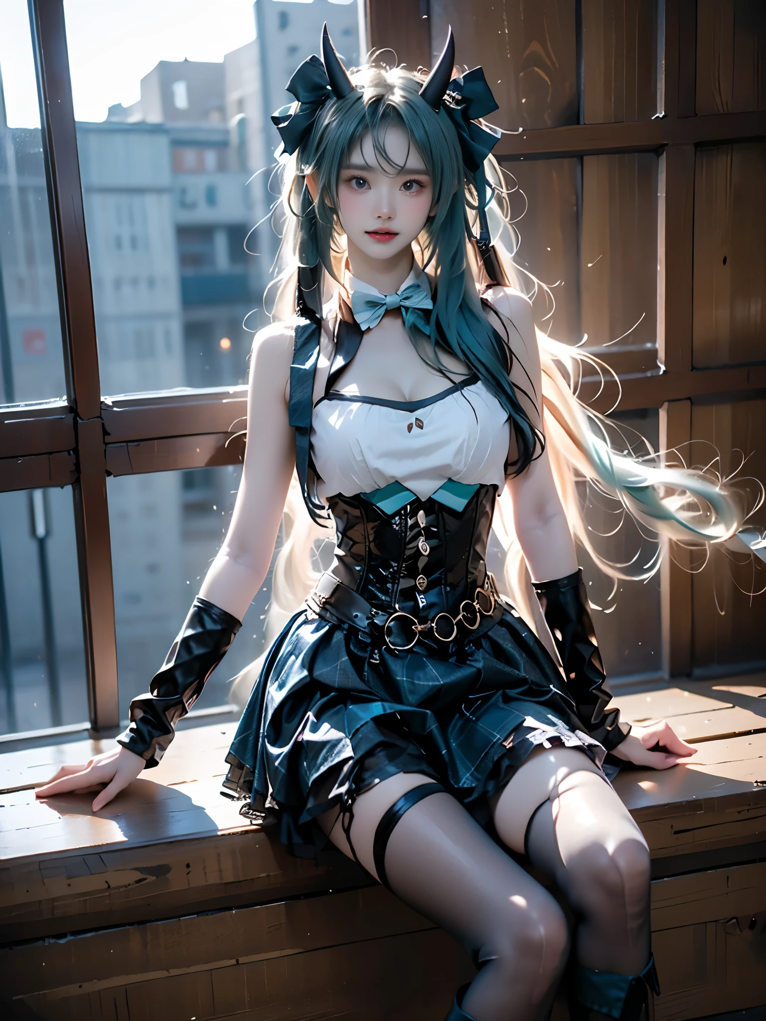 Goddess, Hatsune Miku, Gradient Eyes, Watery Big Eyes, Colored Eyelashes, Beautiful Eyes, Lipstick, Cat Mouth, Rabbit Ears, Angry, Hair Over the Shoulder, Blue Hair, Asymmetric Bangs, Double Braids, Lolita Hair Accessories, Hairpins, Stud Earrings, Colars, Rings, Pendants, Brooches, Corsages, Ribbons, JK Uniforms, Fishnet Socks, Butterfly Wings, Legs Entwined, Ten Fingers Interlocked, Staddling, Library, Bust, Delicate Facial Features, Perfect Face, , Multiple Girls, Student, Short Eyebrows, Watery Big Eyes, Chestnut Mouth, Lipstick, Animal ears, annoyances, long hair, blue hair, crossed bangs, messy hair, Lolita hair accessories, bracelets, sapphire brooches, necklaces, nail polish, JK uniforms, pleated skirts, lace, bare feet, one-legged pantyhose, sitting sideways, learning to bark, tied to a cross, hands on someone else's waist, dusk, hills, desert, wasteland, atmospheric light, Tyndall effect, natural light  