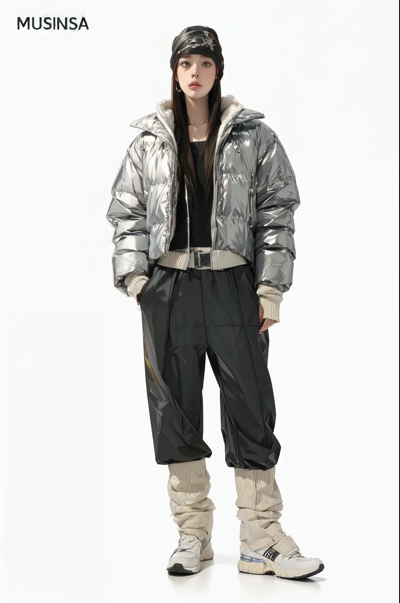 create a album cover with an athletic black young man, his hair is mid-length, curly and blonde with platinum highlights.
His face is youthful and sassy, he's wearing lipgloss on the thick lips. His outfit is futuristic and platinum with silver reflective vinyl, he's wearing a crop top with oversized baggy daddy pants, platinum overcoat and black combat boots. He's holding a harmless knife.