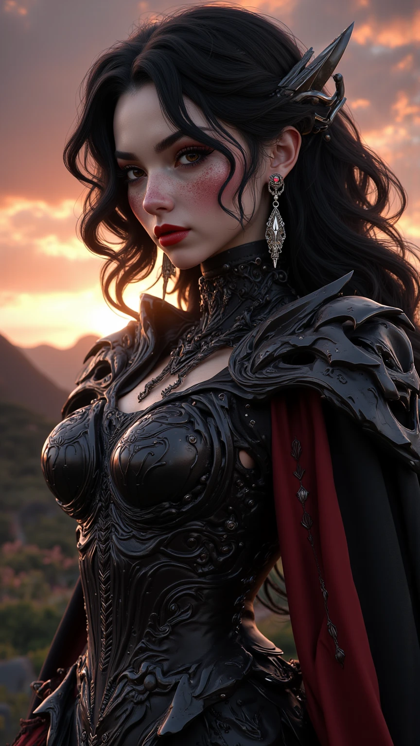 Wearing a black dress,Arad woman wearing a red flower crown, detailed matte fantasy portrait, hyper-detailed fantasy character, cinematic goddess close shot, cgsociety 8 k, cgsociety 8k, cgsociety 8k, stunning cgsociety, cgsociety contest winner, Fantasy art Behance, intricate wlop, cgsociety contest winner!!, CGSesociety )