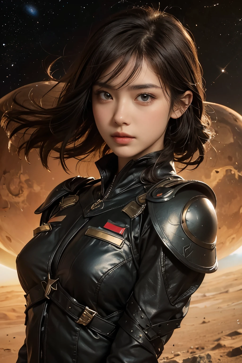 Astronaut style bikini (breast), with a group of soldiers behind her, beautiful sci-fi art, beautiful smile, waiting for a kiss, turning and looking at the camera, epic light sparkle particles floating, space warrior, sunrise over solar punk city, stoner rock, mars invasion 2 0 3 3 - 2 0 4 2, 7 0 s palette, epic album art cover, sexy movie photo, cinemascope panorama, high stylized and 1940’s poster, cosmic style, 8k cinematic, golden ratio, cosmic mayhem