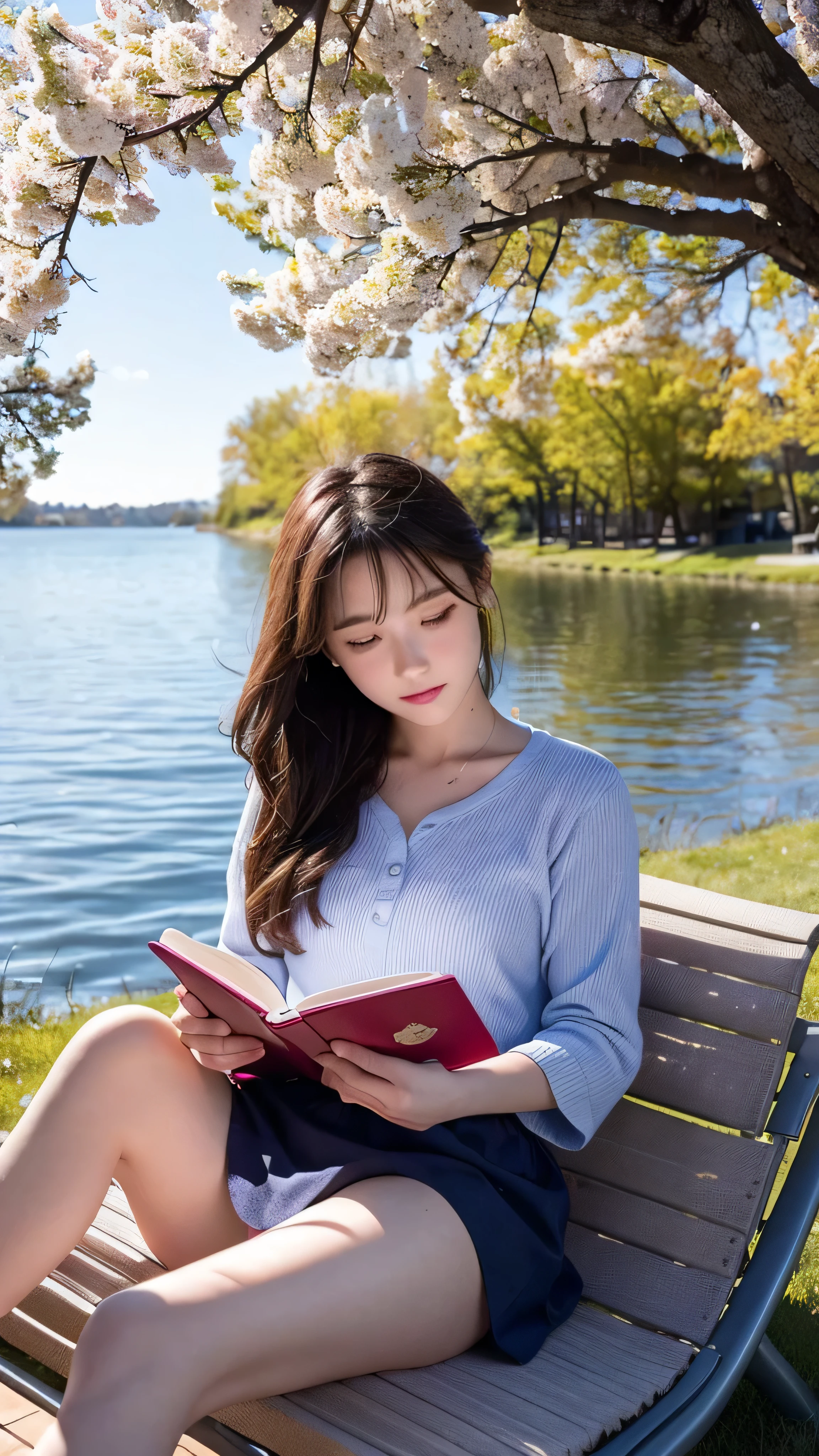 in high definition，An image that looks like a scene from a movie、A girl reads a book on the lakeside,  bright color, spring, Willow Branch, comfortable, Warm Sunlight 