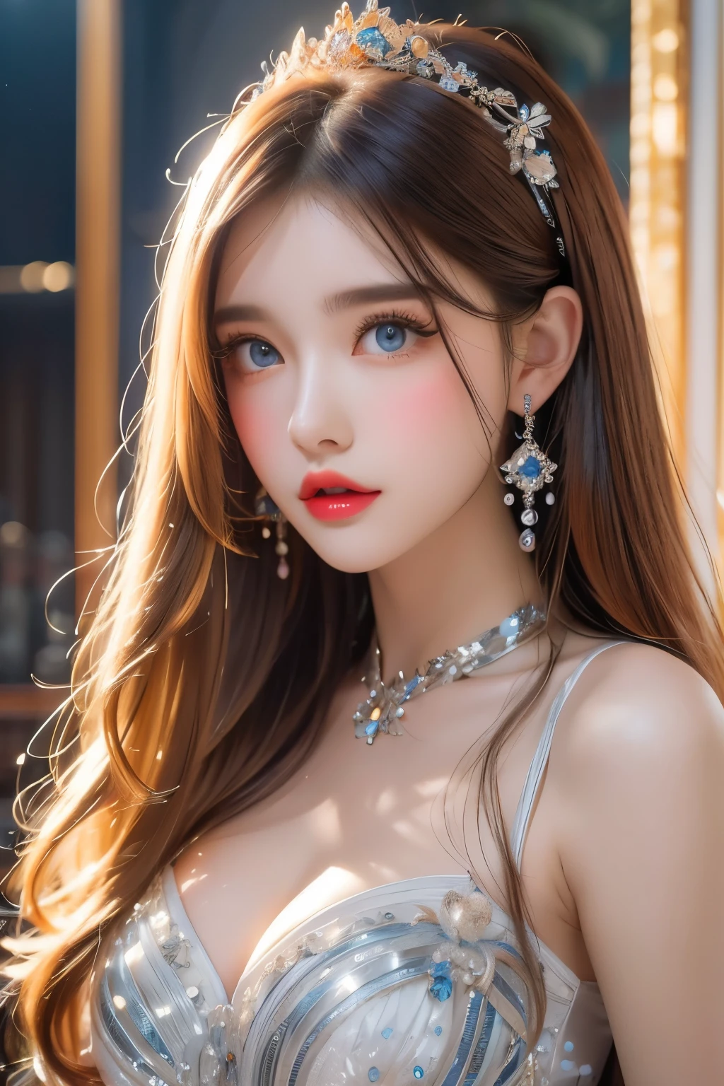 High-quality work,Realistic works,Super premium graphics,8K HD CG works,high quality graphics,High-definition and exquisite CG works,10x pixels,Ultra-fine details:1.1,Advanced technical details:1.1Realistic photo effects,Interior lighting effects:1.5,natural soft light:1.5. Light effect(Virtual light effects:1.8),ultra high resolution,shining dress,sliver long hair,silber hair,transparenthair,high detailed hair(Quality hair details:1.1)Clear eyes,Double eyelids look good,Sharp eye makeup, Create exquisite eyelash makeup, tthin eyebrows, Ultra-detailed eyes,a tall nose, lovely red lips, rosey cheeks, With delicate makeup on her face , pretty face, The face shape is perfectly proportioned,(Advanced facial details:1.1)portlate、Alice in Wonderland、Blue sky、Bright and very beautiful face、Young shiny shiny white shiny skin、Best Looks、The most beautiful bright blonde hair in the world、finer hair、Super long silky straight hair、Beautiful bangs that shine、Glowing crystal clear big blue eyes、Very beautiful lovely most beautiful girl in the world、White Apron、Blue Dress、large full breasts, Women's artwork,Dress full body video,Realism,Amazing Cleavage,My eyes are very bright today
