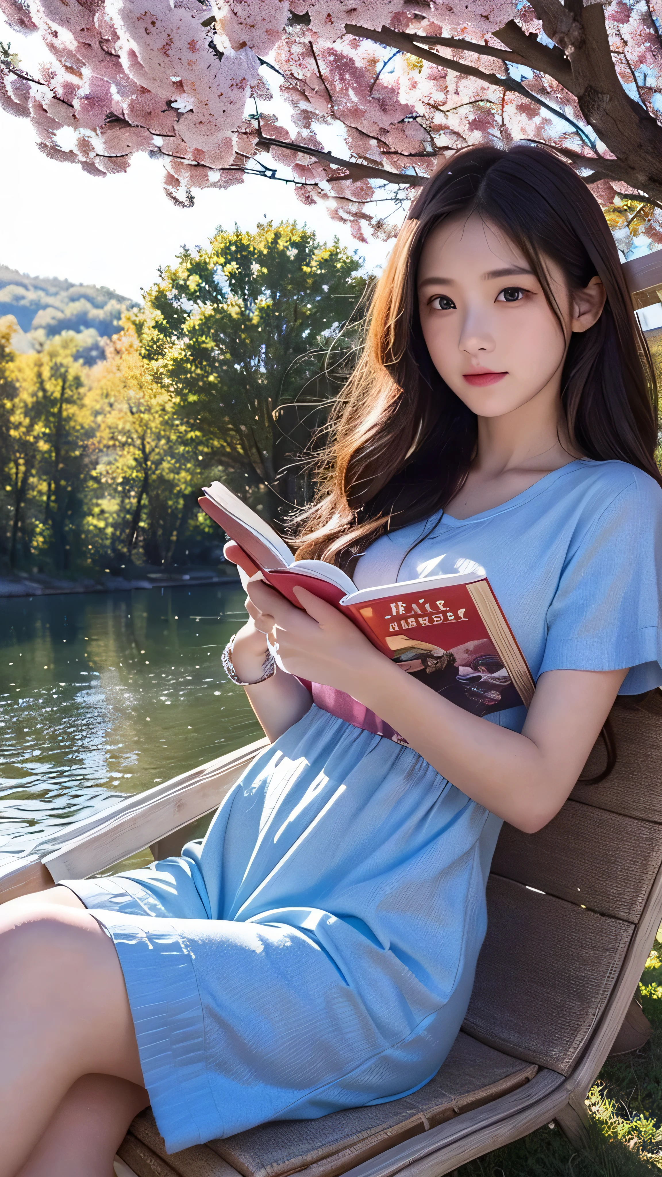 in high definition,An image that looks like a scene from a movie、A girl reads a book on the lakeside, bright color, spring, Willow Branch, comfortable, Warm Sunlight