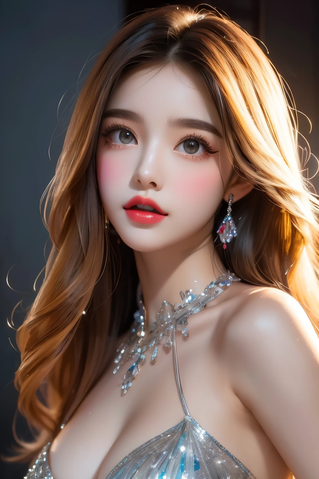 High-quality work，Realistic works，Super premium graphics，8K HD CG works，high quality graphics，High-definition and exquisite CG works，10x pixels，Ultra-fine details：1.1，Advanced technical details：1.1Realistic photo effects，Interior lighting effects：1.5，natural soft light：1.5. Light effect（Virtual light effects：1.8），ultra high resolution，shining dress，sliver long hair，silber hair，transparenthair，high detailed hair（Quality hair details：1.1）Clear eyes，Double eyelids look good，Sharp eye makeup, Create exquisite eyelash makeup, tthin eyebrows, Ultra-detailed eyes，a tall nose, lovely red lips, rosey cheeks, With delicate makeup on her face , pretty face, The face shape is perfectly proportioned,（Advanced facial details：1.1）a girl, happy, very long hair, setailed eyes, glossy lips, rainbow Crystal dress, rainbow dress, colorful crystals, reflecting lights on crystals, spreading lights, attractive pose, whole body capture,，Women's artwork，Dress full body video，Realism，Amazing Cleavage，My eyes are very bright today
