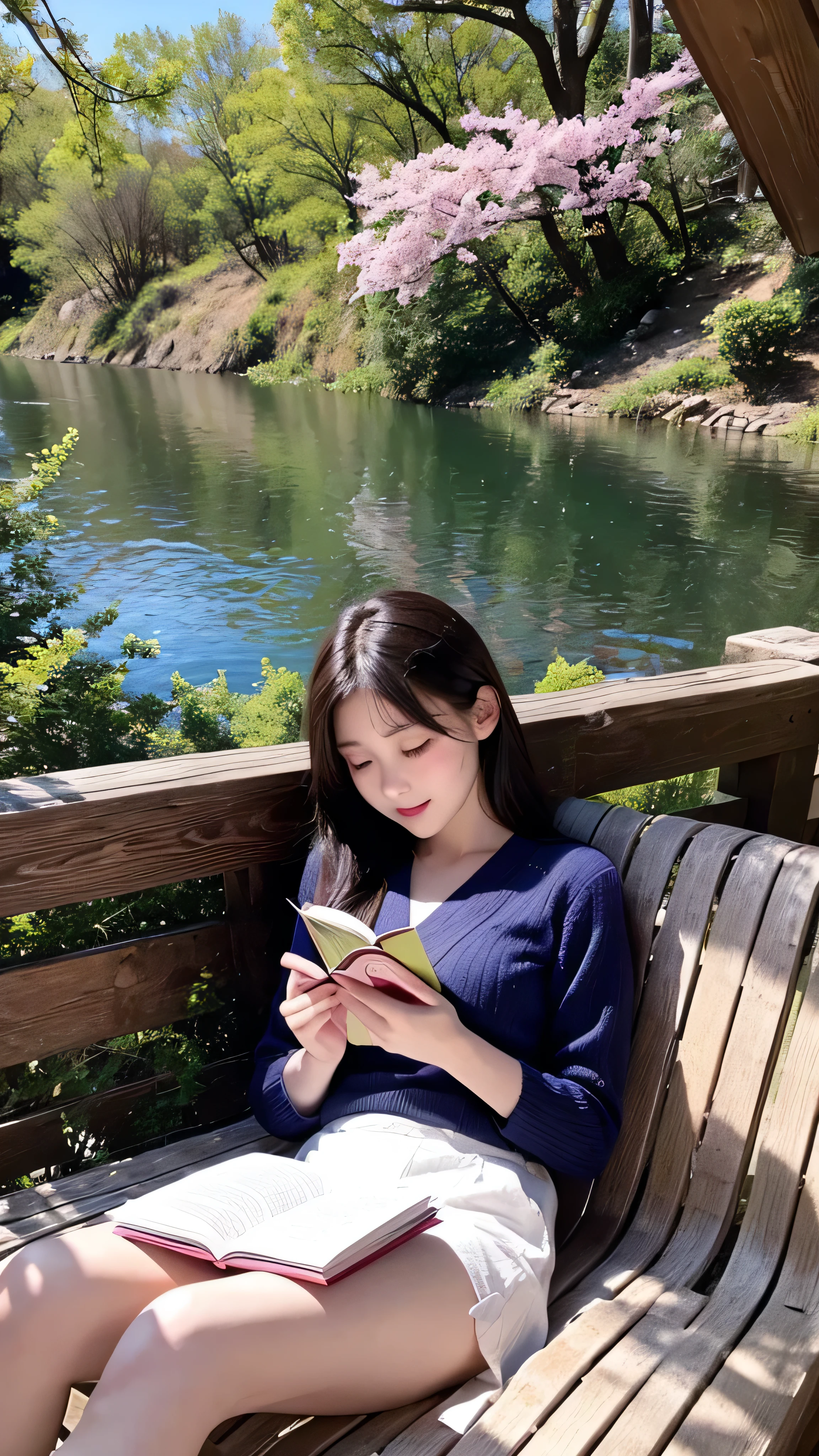 in high definition,An image that looks like a scene from a movie、A girl reads a book on the lakeside, bright color, spring, Willow Branch, comfortable, Warm Sunlight