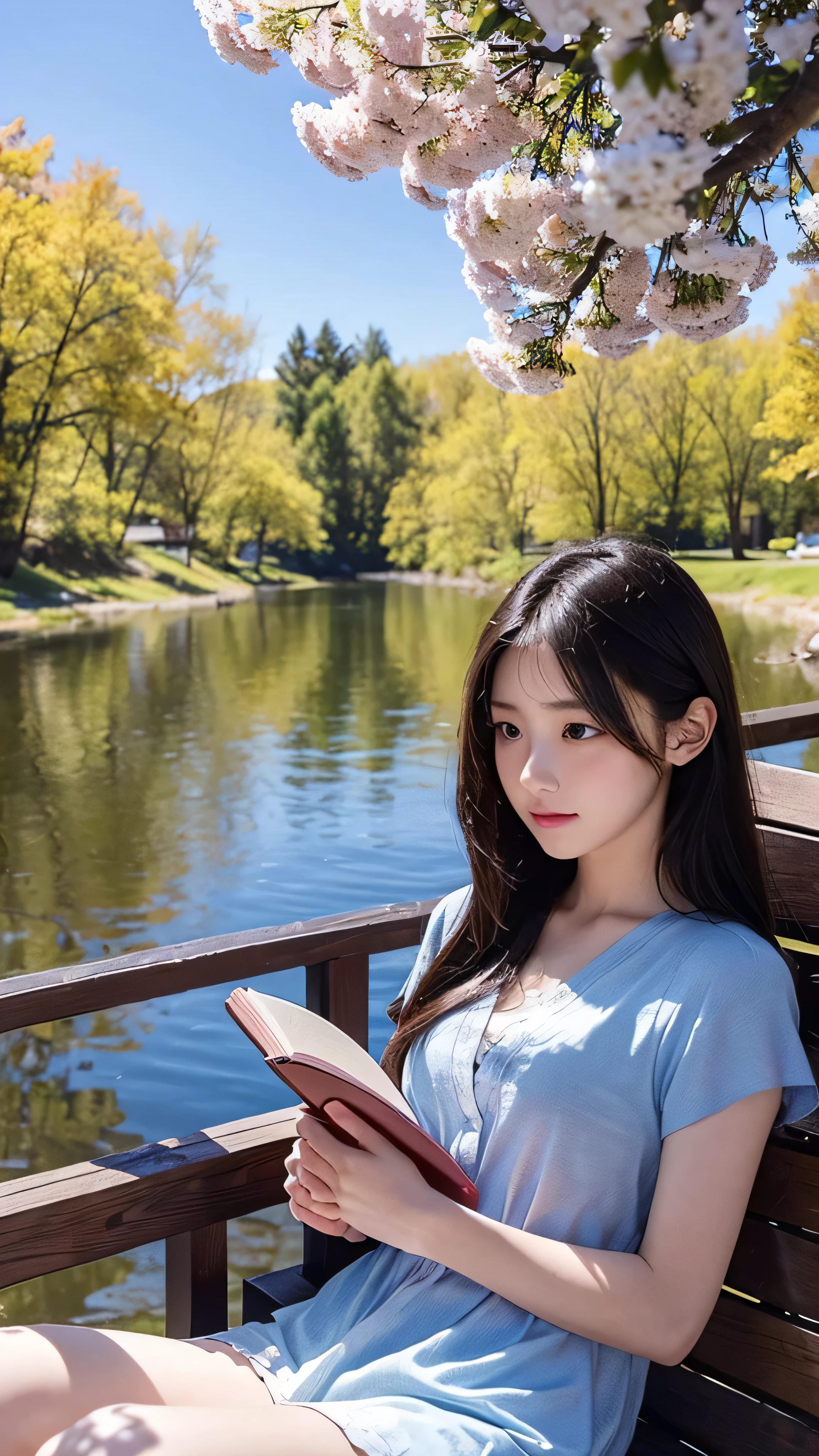 in high definition,An image that looks like a scene from a movie、A girl reads a book on the lakeside, bright color, spring, Willow Branch, comfortable, Warm Sunlight