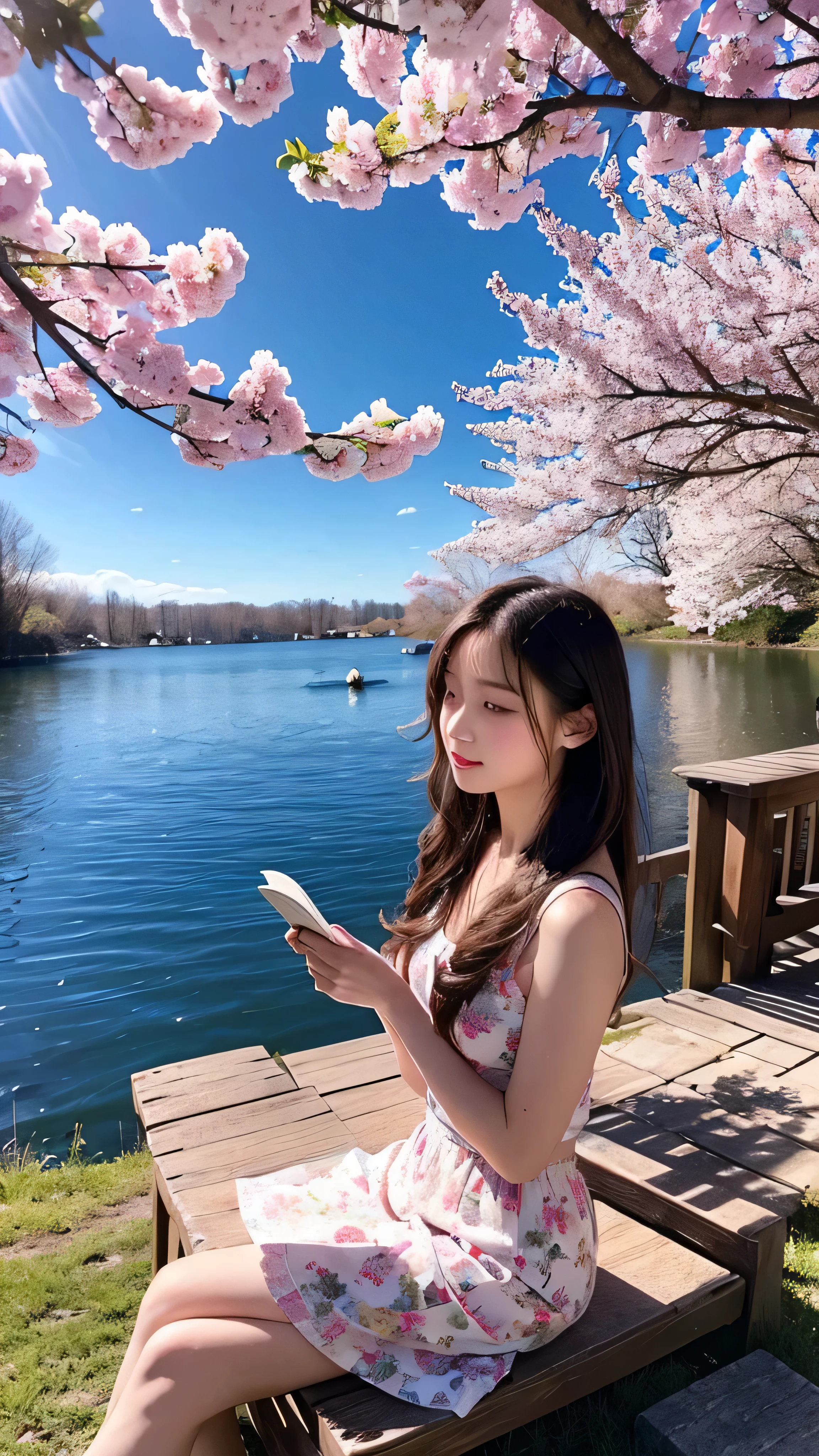  in high definition，An image that looks like a scene from a movie、A girl reads a book on the lakeside,  bright color, spring, Willow Branch, comfortable, Warm Sunlight 