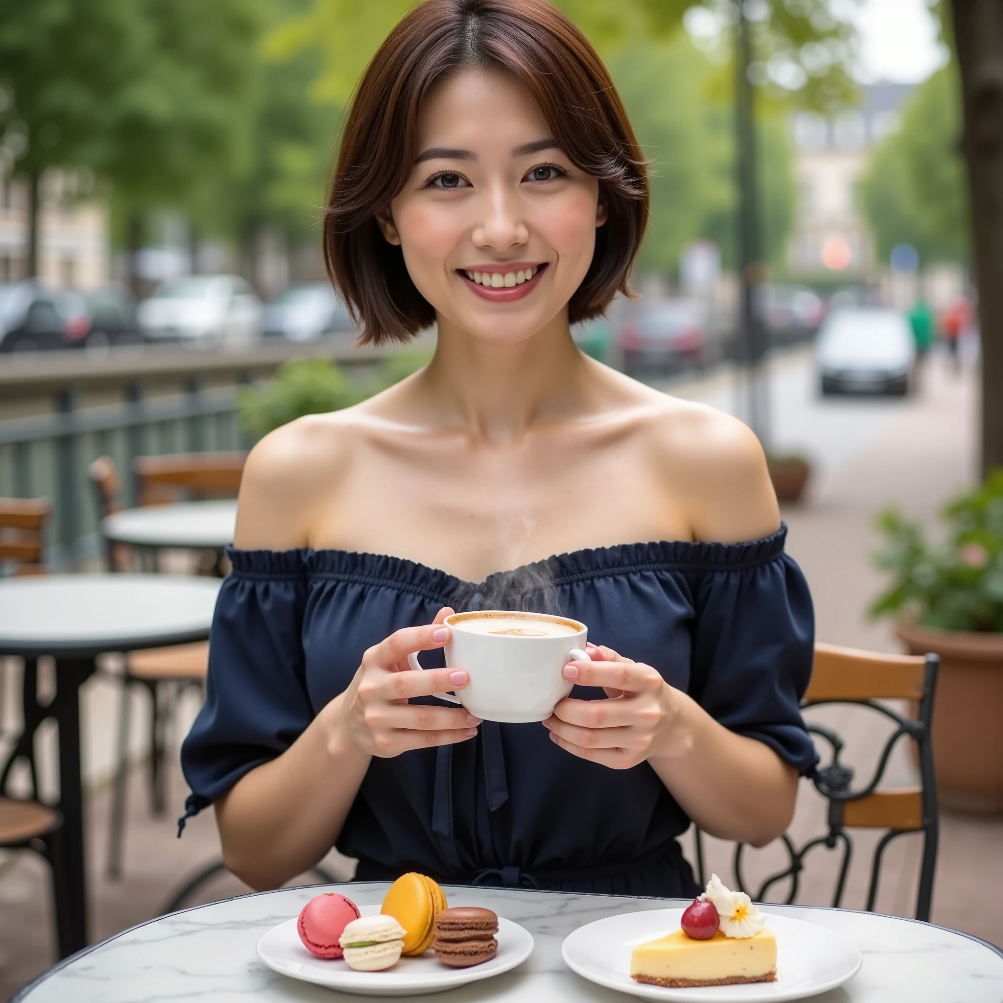 『 1 girl :1.3』 best quality :1.2、(( big breasted ))、 Slightly visible cleavage 、(( young woman))、(( has red cheeks ))(( is laughing))、((( 解剖学的に正しい 、 perfect anatomy、 anatomically correct fingers )))
bust up shot 、( plump body)、((黒髪ショートボブの young woman))(( Surrounding objects are the perfect size ratio for women .))(( Real photo of her masterpiece 8K wallpaper )) afternoon tea time . Beautiful woman sitting in an outdoor cafe on the left bank of the Seine in Paris , France, Drinking latte coffee. She was holding a hot coffee cup in her hands . She had a relaxed expression . Cheesecake and 3 colorful macaron desserts are placed on the table .
