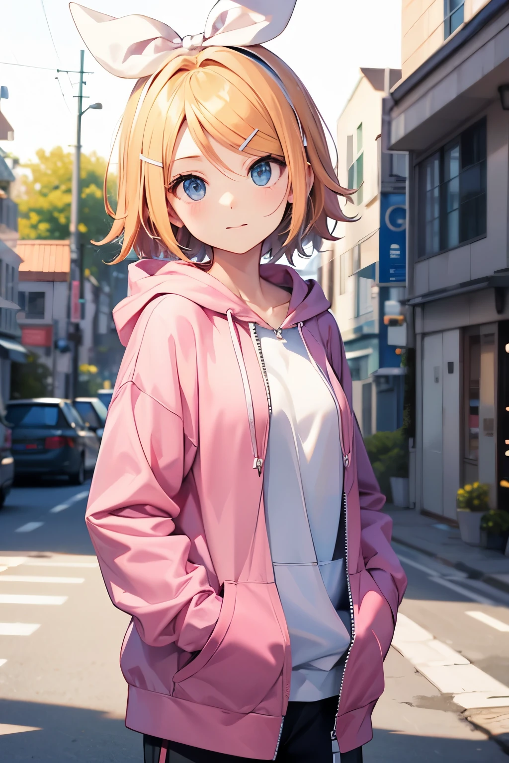 Pink zip hoodie、I'm putting my hand in my pocket、 shortcuts from camera、Kagamine Rin