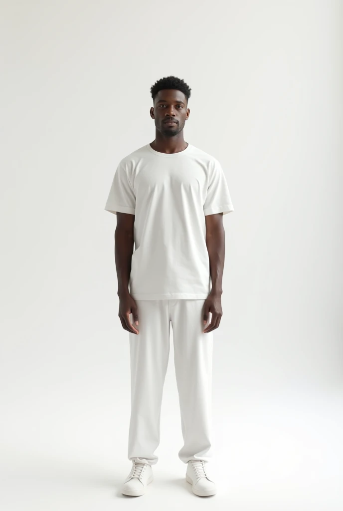Create the image of a man , stark, offwhite,  wearing sweat shorts, a t-shirt and a New Balance sneaker. Create a sporty look that combines very soft colors. 