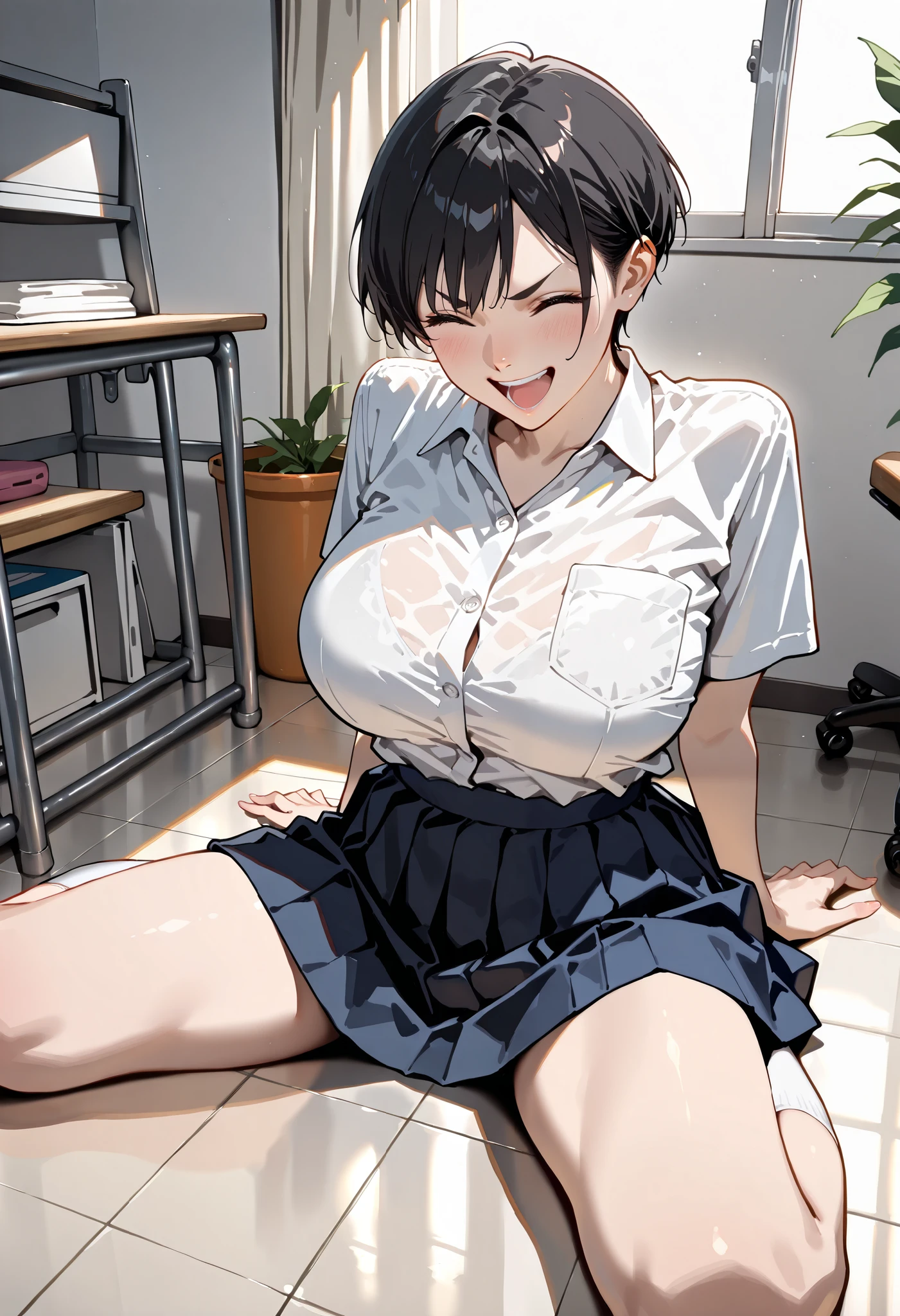 Score_9, score_8_up, score_7_up, score_6_up, score_5_up, score_4_up, source_anime, solo, 1girl, student, young female, sagging huge breasts, wide hips, thick thighs, huge areolae, areola slip, black areolae, sitting in classroom, notebook on desk, sideview, detailed eyes, brown eyes, looking at viewer, pov, crowded, sailor uniform, sleeveless, bracelet, brushed smile, collarbone, head tilt, hairy stomach hair, hairy armpit hair, bukkake cum shot, sperm, raper with big penis, Japanese, hentai, cum shot, handjob, penis, crowded, upper body only