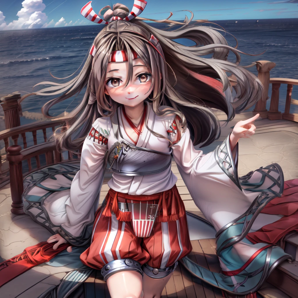 ultra-detailed,masterpiece,best quality,1girl,zuihouKC, deck,ocean,cloud,japanese clothes,smile,shiny eyes, wide sleeves, headband,high ponytail, hakama, red shorts, hachimaki, 