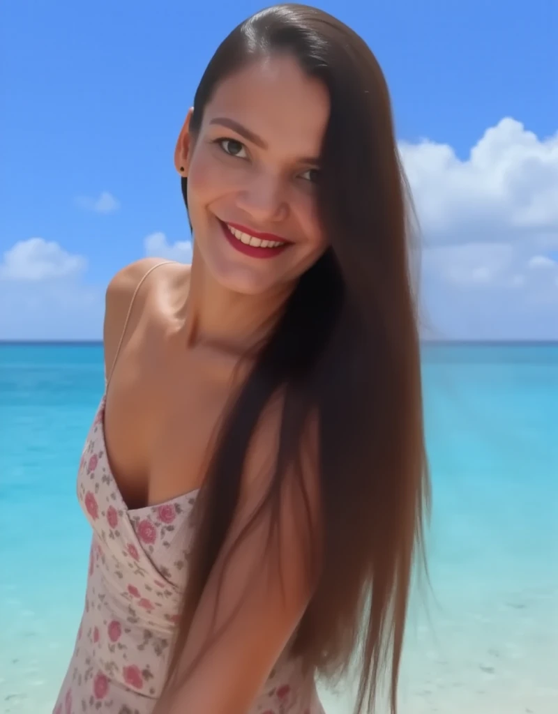 A lovely woman is telling the viewer she loves them, warm spring day on the beach, close u on the face