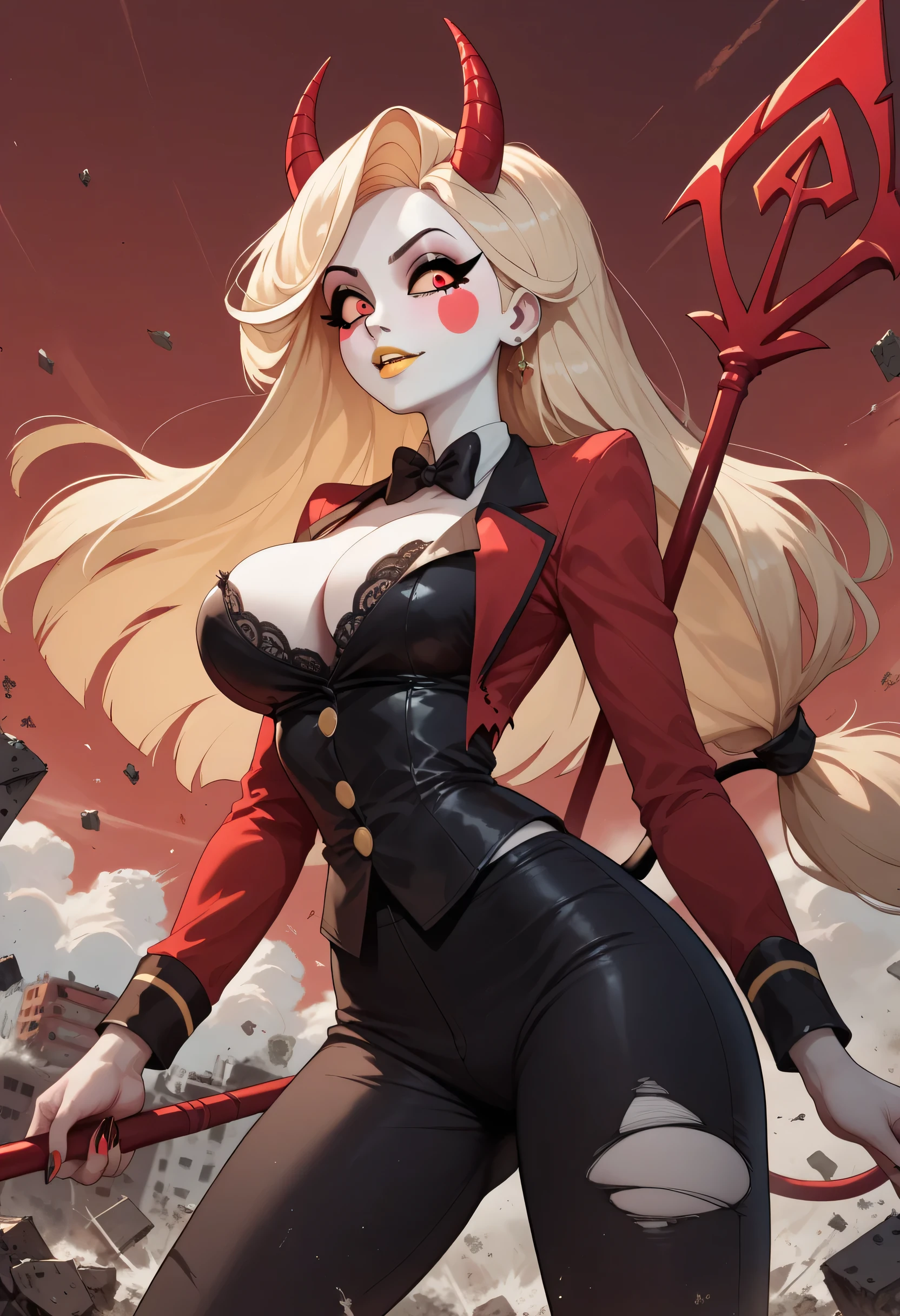 woman, big breasts, yellow lipstick, anime style, blonde hair, white skin, red horns, demon tail, red trident, red sky, torn clothes, destruction, Red eyes, Charlie Demon, Hazbin Hotel 