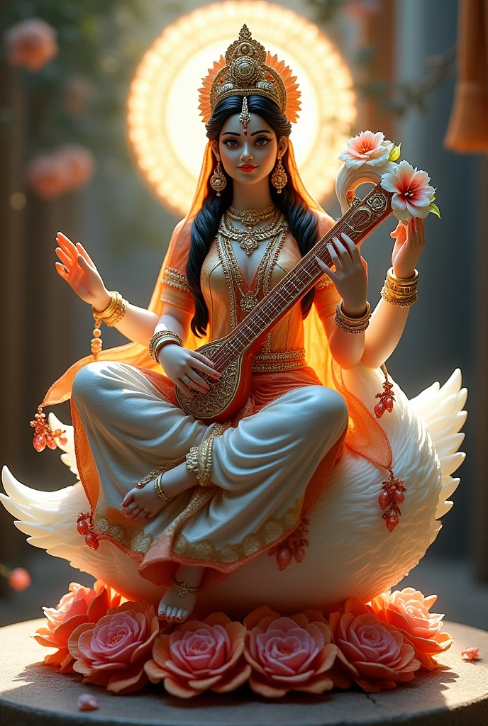 front view of a dramatic renaissance style white marble statue of goddess Saraswati with 4 arms fully covered in a saree and wearing golden ornaments sitting on her swan and holding an electric guitar