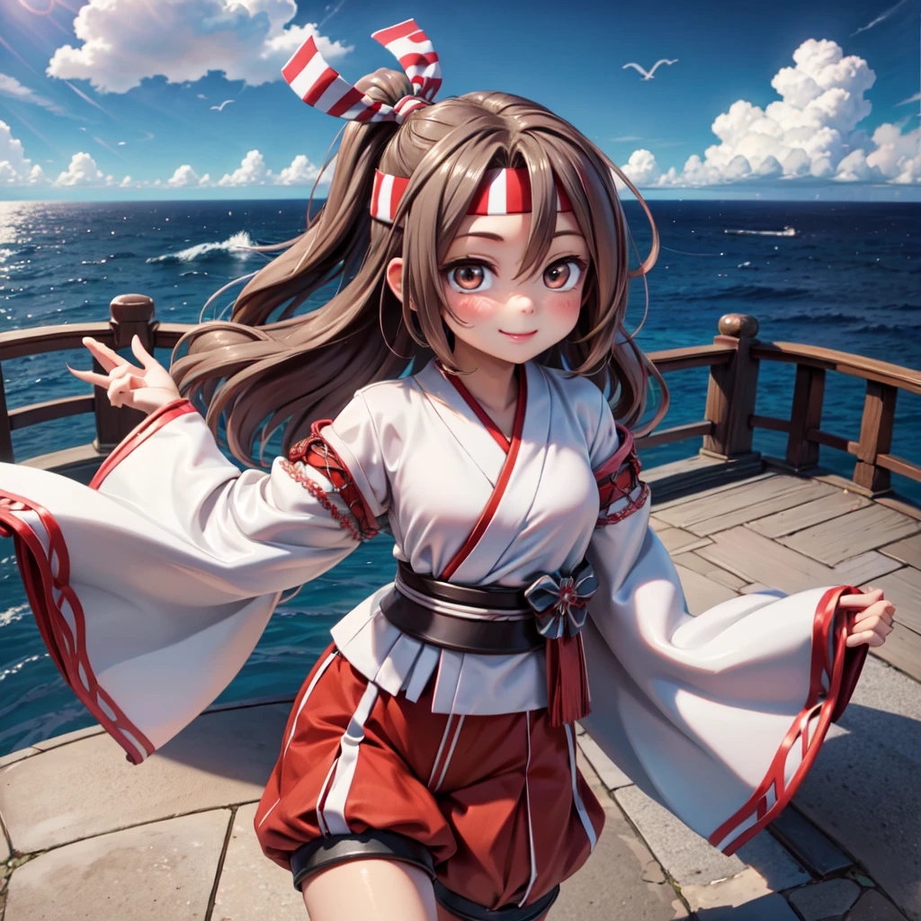 ultra-detailed,masterpiece,best quality,1girl,zuihouKC, deck,ocean,cloud,japanese clothes,smile,shiny eyes, wide sleeves, headband,high ponytail, hakama, red shorts, hachimaki, 