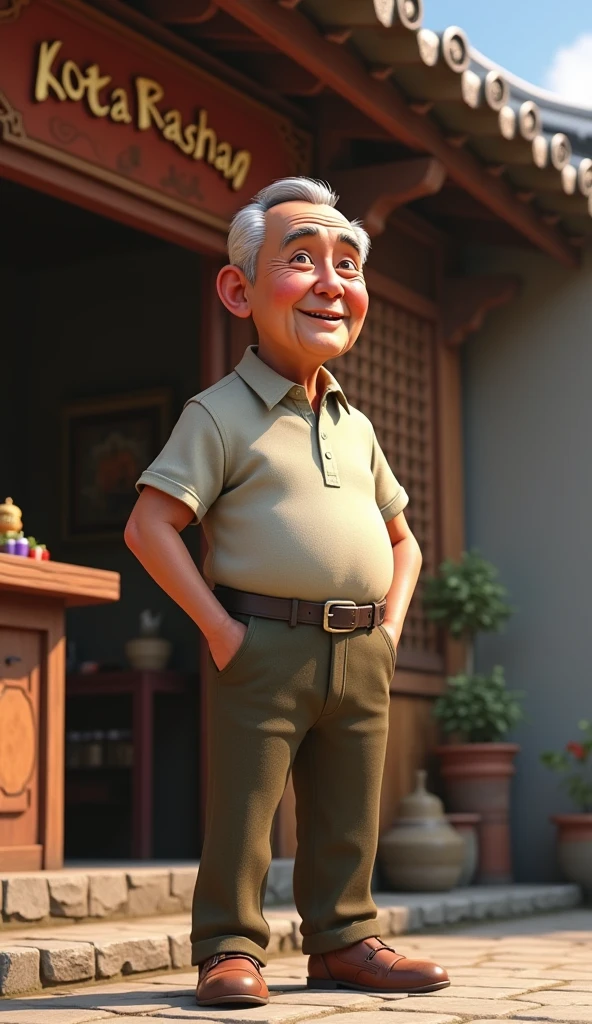 Close-up a old man standing on the kota rashan shop 3D animation, wear attractive clothes pants shirts, good figure,