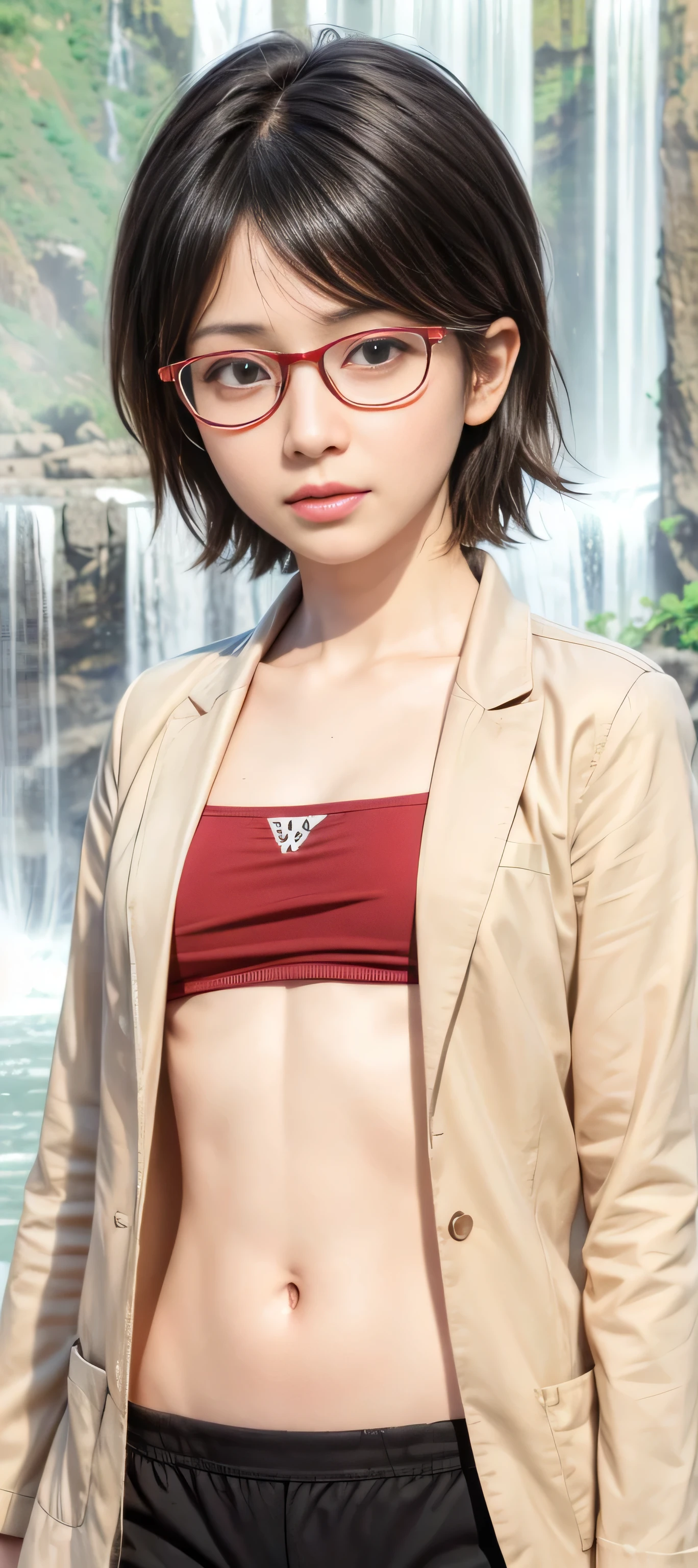 masterpiece, best quality, (realistic,photo-realistic:1.4), (RAW photo:1.2), extremely detailed CG unity 8k wallpaper, delicate and beautiful, amazing,finely detail, official art, absurdres, incredibly absurdres, huge filesize, ultra-detailed,extremely detailed eyes and face,light on face,(smirk),(wearing red framed glasses:1.4),sarada,(black hair:1.4),(short hair:1.4),(wearing blazers:1.5),(waterfall background:1.5) 