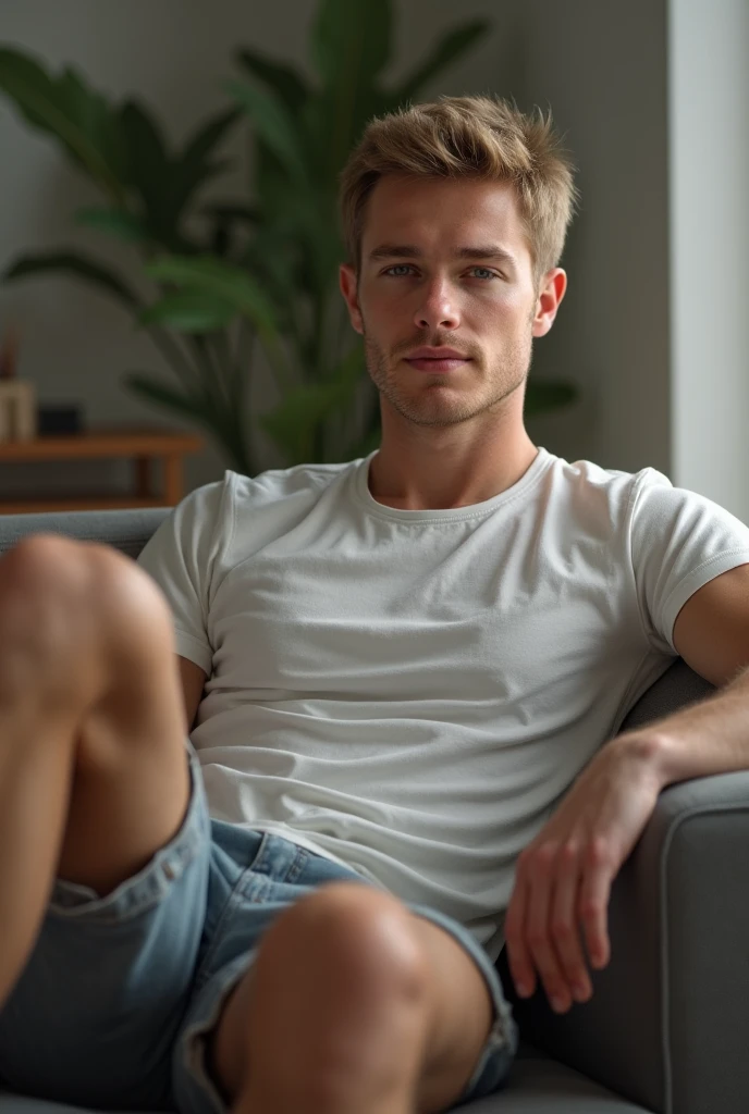 realistic, Men with short hair , sitting on the sofa