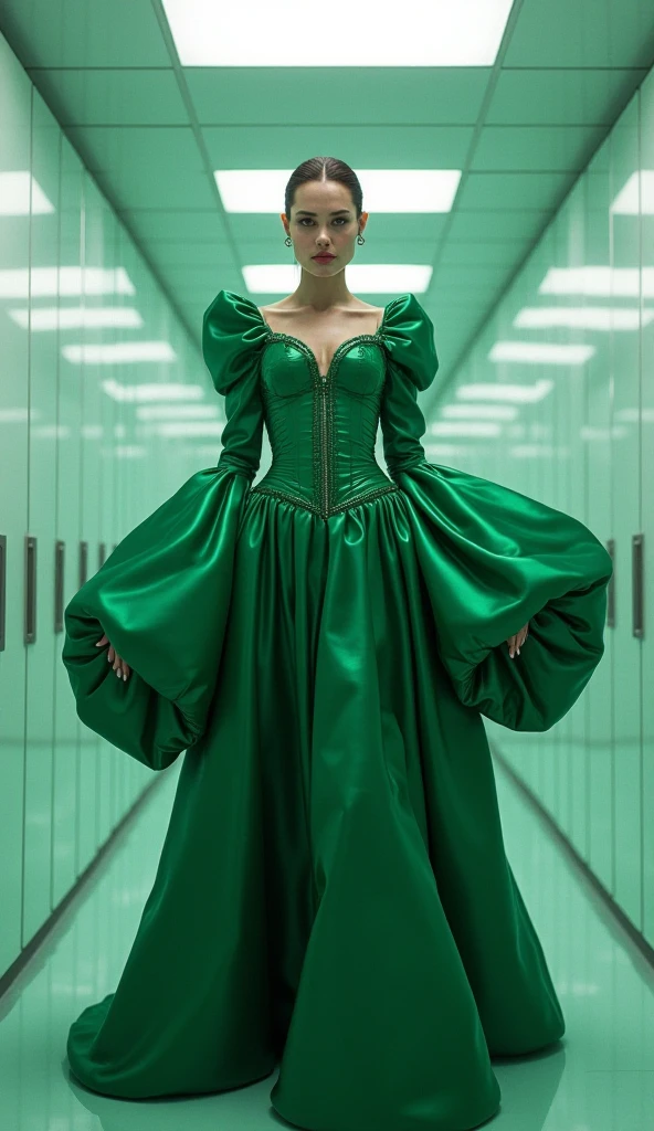Angelina jolie époustouflante en robe de gouvernante en pvc verte avec de longues manches bouffantes, cabinet médical avec des carreaux en pvc brillants sur les murs, corset pvc rose fluo