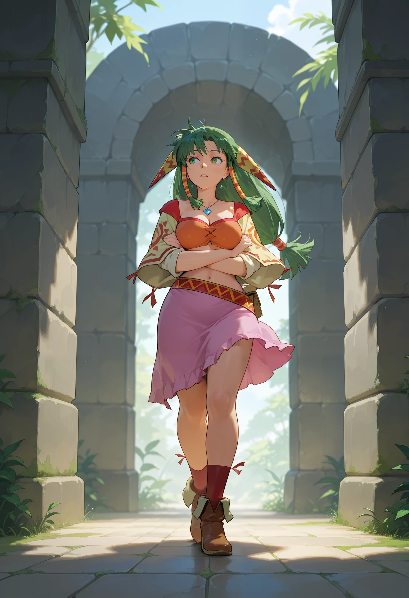 26 yo, face look alike to feena from \(Grandia\), Beautiful Mature young milf, (mature woman with lean perfection abdomen), breathless - amazed expression, large natural breasts, Curvy body, (holding a decorated shortblade with 1hand and another hand touch the ancient wall of inca ruin - exploring an ancient ruin in fantasy classic Grandia settings), walking, eyes on the wall - head tilting up, exploration scene, solo, 1girl, BREAK, She wears an orange bra top that leaves her abdomen exposed, paired with a short pink skirt held up by a thin red belt. Covering her arms is a tan-colored shawl adorned with red patterns on both sleeves. Her long green hair flows down her back, with some sections tied through two patterned hair accessories. She completes her ensemble with ripped red socks that extend past her knees and brown shoes featuring tribal patterns similar to those on her belt and shawl, official arts, (dynamic jrpg side view), fantastic fantasy vibrant background, eyes on the ancient ruin wall with moss, jrpg fantasy jungle, rubbles and ruins, ancient monumental jungle, exotic strange flora and plants, wide shot, (dynamic fullbody side view), cinematic angles,