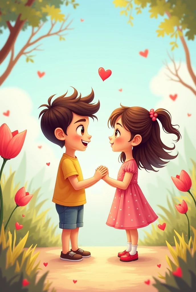 A girl giving pink tulips to a guy ,they should be teenagers 
Make the guy a bit shy