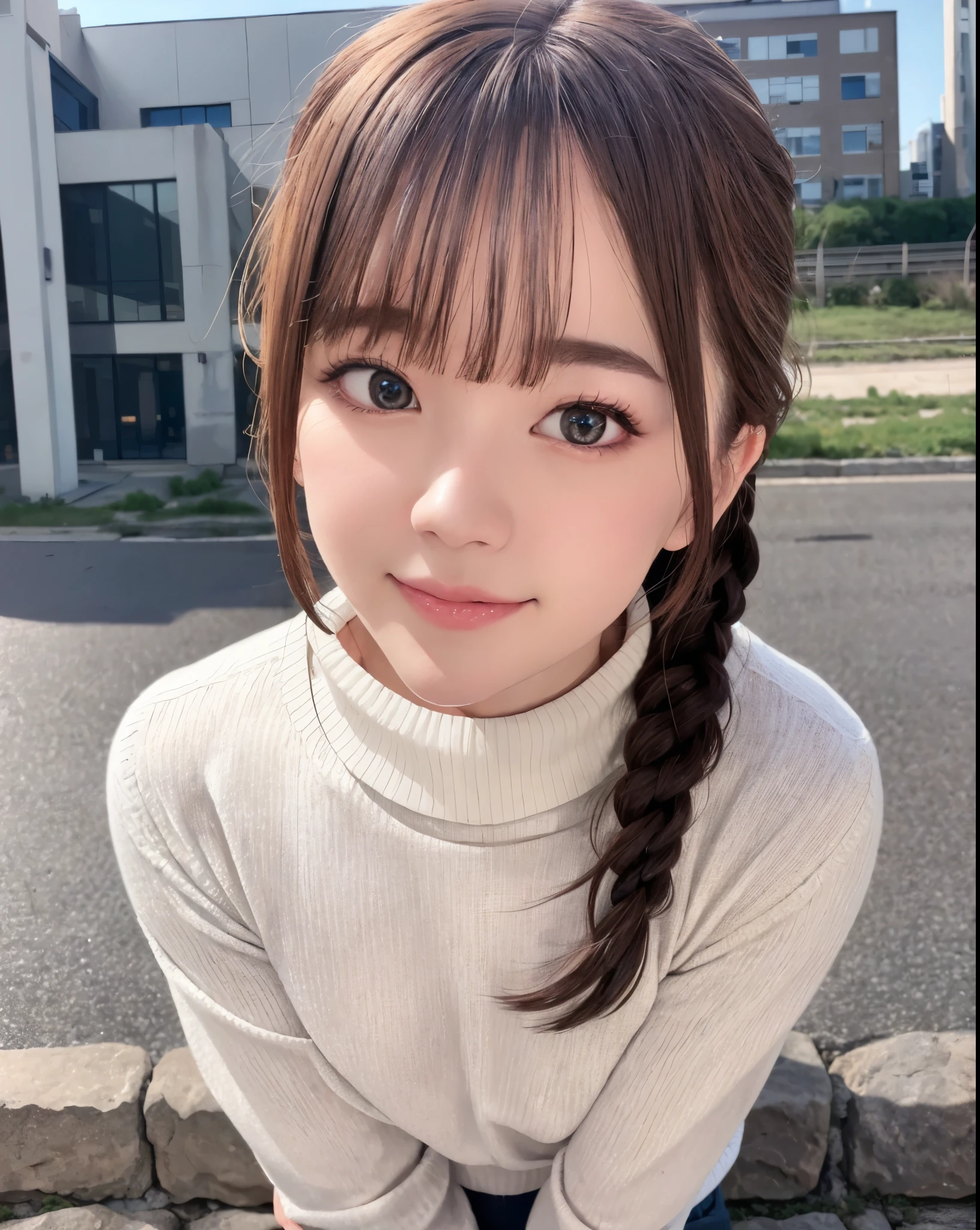 pureerosface_v1, best quality, photorealistic, 8k, high res, 1girl, woman, (skindentation), (portrait:0.6), ((cityscapebackground:2)) , ((smallsize round breast, highneck sweater:1.7)), straight-looking at viewer:1.8, (1girl eyes looking at viewer:1.45, medium-length hair, blackhair, partedbangs:1.45), photorealistic, (bokeh),
