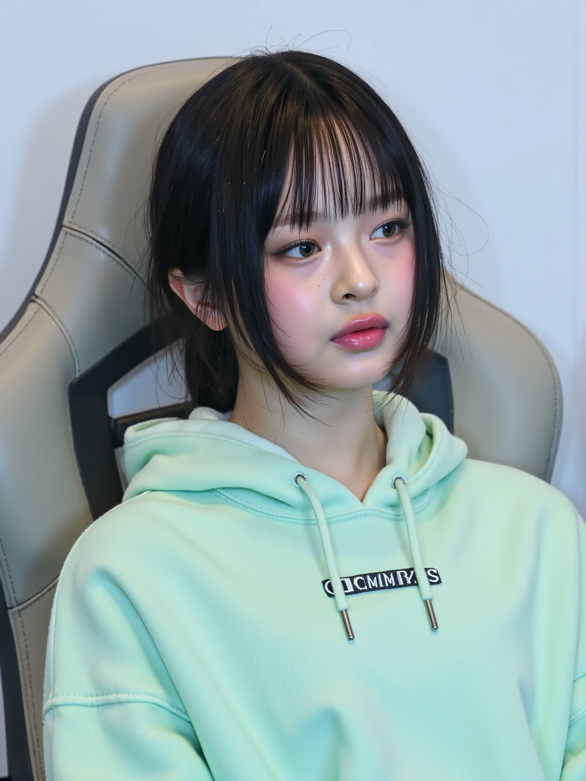 Russian child girl long straight dark hair, put on headphone jack and change into a cyberpunk green coat but do not change the face, green background . --auto --s2