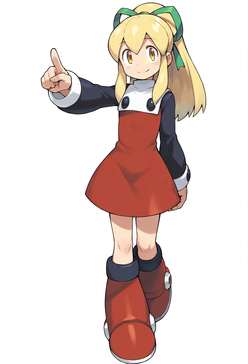score_9, score_8_up, score_7_up, source_anime, solo, ishikawa hideki style, Roll (Mega man), long hair, bangs, yellow eyes, blonde hair, ribbon, hair ribbon, ponytail, green ribbon, flat chest, white background, sexy legs, red dress, long sleeves, red boots, 1girl, pointing at viewer, full body shot, standing, looking away, smile, from front