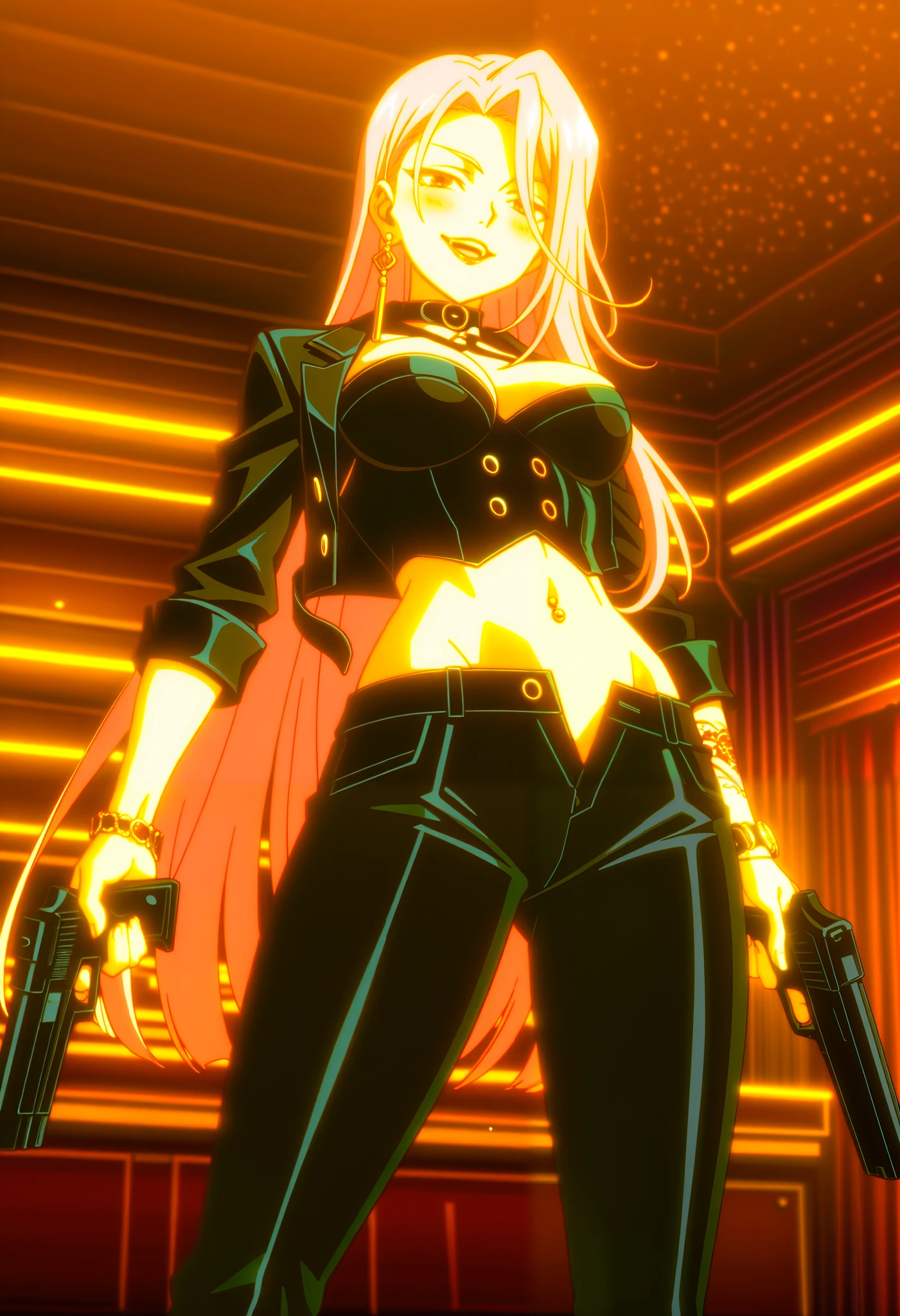 ultra detailed, perfect details, 1girl, solo, indoors, dnfduelspectre, very long hair, pink hair, curtained bangs, red eyes, single earring, jewelry, black collar, bracelet, (anime coloring:1.5), (anime screencap:1.5),
, ear piercing, long hair, blush, lipstick,Hot girl, baddie, smoking, sensual, attractive ,bar background, inside bar,indoors, cityscape, casino, nightclub, city lights, masterpiece, best quality, highly detailed, a girls with a gun, evil smile , open mouth, sexy gaze, badass
pose , evil smile, smile, (nsfw) not safe for work, guns blazing, anime girl with long hair, beautiful long
haired girl, navel, evil expression, exposed belly, exposed navel, exposed midriff, exposed lower belly,
long black pants, crop top, cleavage, unbuttoned leather pants ,open fly, low rise black leather pants,
leather jacket, holding a gun, holding pistol, navel piercing,, criss-cross halter,, nipple slip,from below,,, dragon tattoo, narrowed eyes, tattoo midriff,