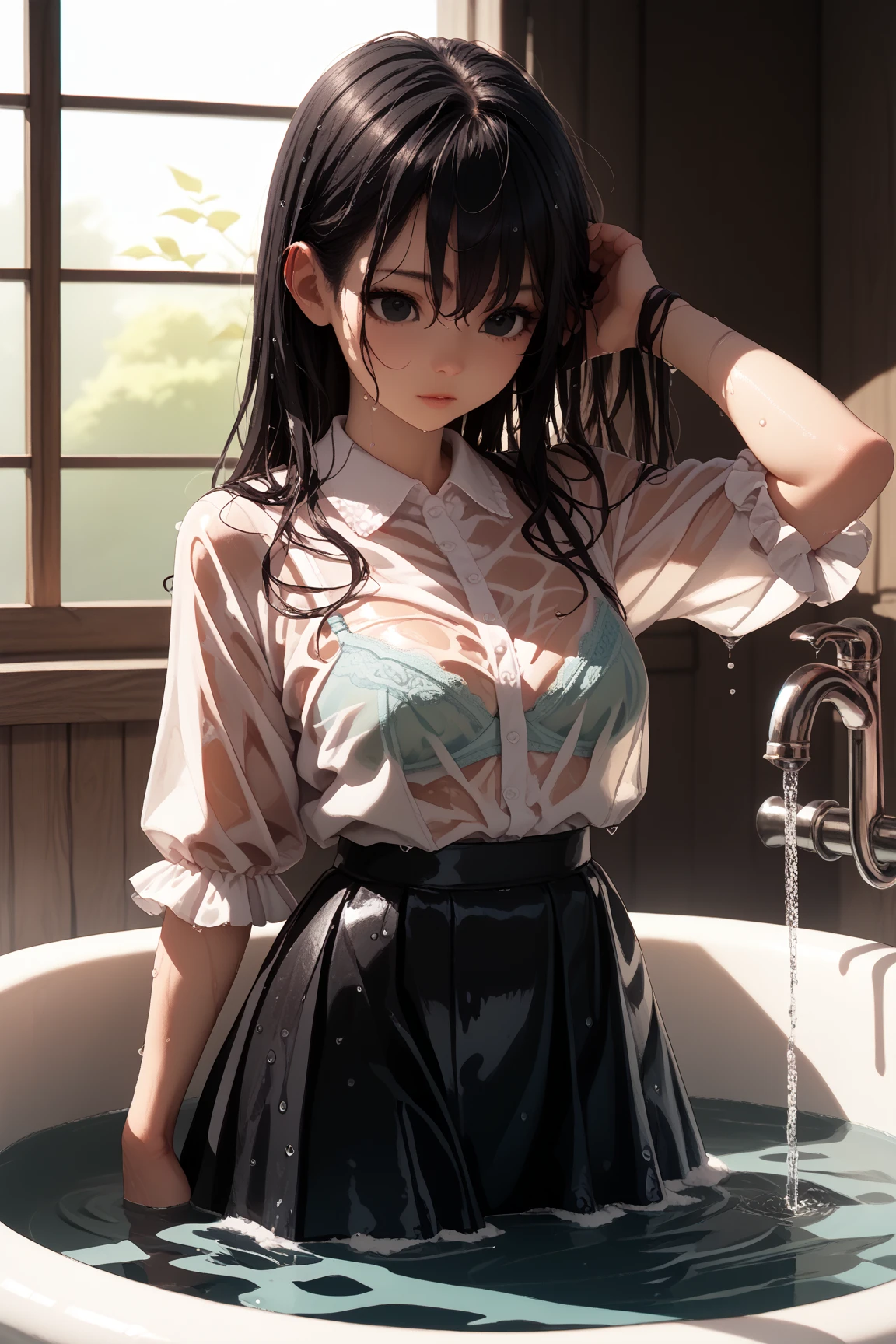 (Best quality, 8k, 32k, Masterpiece, UHD,:1.2),RAW, human, 1girl,ultra cute , ultra cute, natural lighting,transparent shining eyes, 20yo,medium breast ,femur, fair complexion , flushed face, ,breast, embarrassed, t-shirt, ultra cute,lace trim , wet hair, wedgie, at shower room, wet, near windows, shiny, bottomless,cameltoe