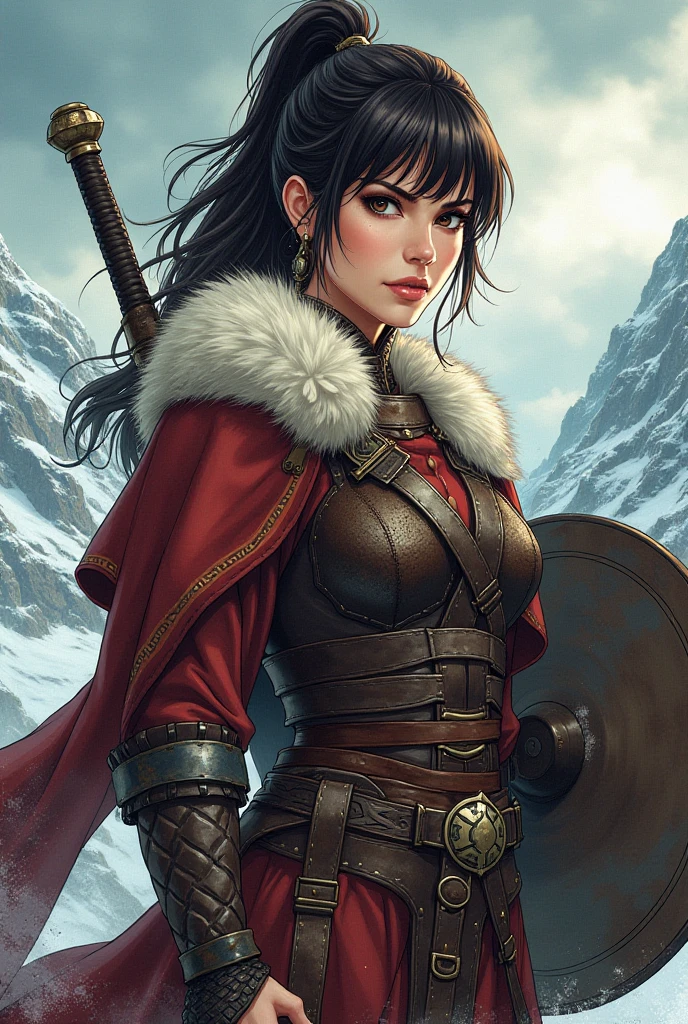 ((masterpiece)),((Best quality)),((High detail)), 1 girl, Cowboy shot of a beautiful brown-haired woman, 18 years, sexy face with full makeup, Red lipstick, hands on hips, Dress, armor, Rogue, Slavic pagan, , winter, the forest, morning, Clouds,
, seductive smile, inviting expression, suggestive
