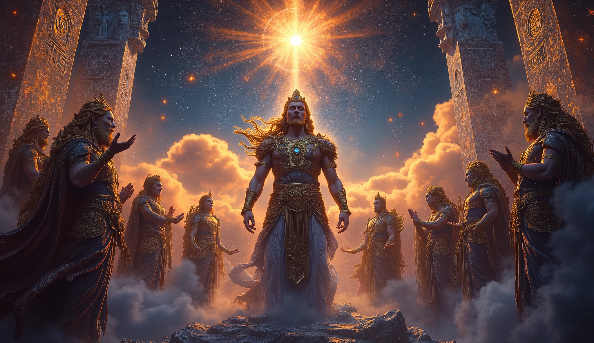 Here’s the detailed image prompt for the scene where the gods are afraid:
---
**Prompt:**
A dramatic, cosmic scene unfolds in a vast celestial realm. The **Devas (gods)**, a group of divine beings, appear anxious and concerned as they gather in a heavenly chamber. The **Devas** are ethereal figures, glowing with radiant skin tones that shimmer in hues of gold, silver, and blue. They wear intricate, ornate armor made of divine materials like gold and celestial gems. Their attire is richly adorned with jewels and fine fabrics that reflect their high status in the divine order. The **Deva King** stands at the forefront, a tall and imposing figure with flowing golden hair, a crown embedded with precious stones, and a long, flowing robe of celestial silk. His eyes are wide with worry, and his hands are raised in a gesture of prayer or supplication, as he gazes towards the divine plane in fear.
Around him are several **Devas**, each with distinct features: one with long white hair and a silver beard, another with a blue complexion, and yet another with dark, stormy eyes, their faces filled with anxiety. They all stand in an expansive, ethereal hall, floating in a space between the stars, surrounded by heavenly light. The walls of the hall are made of translucent, radiant crystal, with celestial symbols etched into the surfaces. In the background, heavenly beings—**Apsaras** and **Siddhas**—hover, their graceful forms casting gentle, shimmering light.
Above them, an overwhelming cosmic force is felt, symbolizing the cause of their fear. A distant, glowing star, the **Dhruv Tara**, can be seen shining brightly in the sky, radiating a divine energy that is too intense for the gods to ignore. The entire atmosphere is filled with tension as the Devas contemplate the consequences of the young boy’s intense meditation and the cosmic balance shifting.
The scene is grand, celestial, and full of divine tension, capturing the essence of divine beings struck by awe and fear.