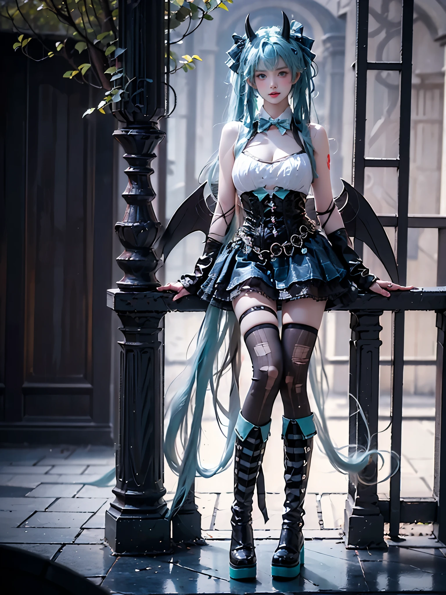 1girl, blue hair, red eyes, vampire, gothic outfit, old castle room,