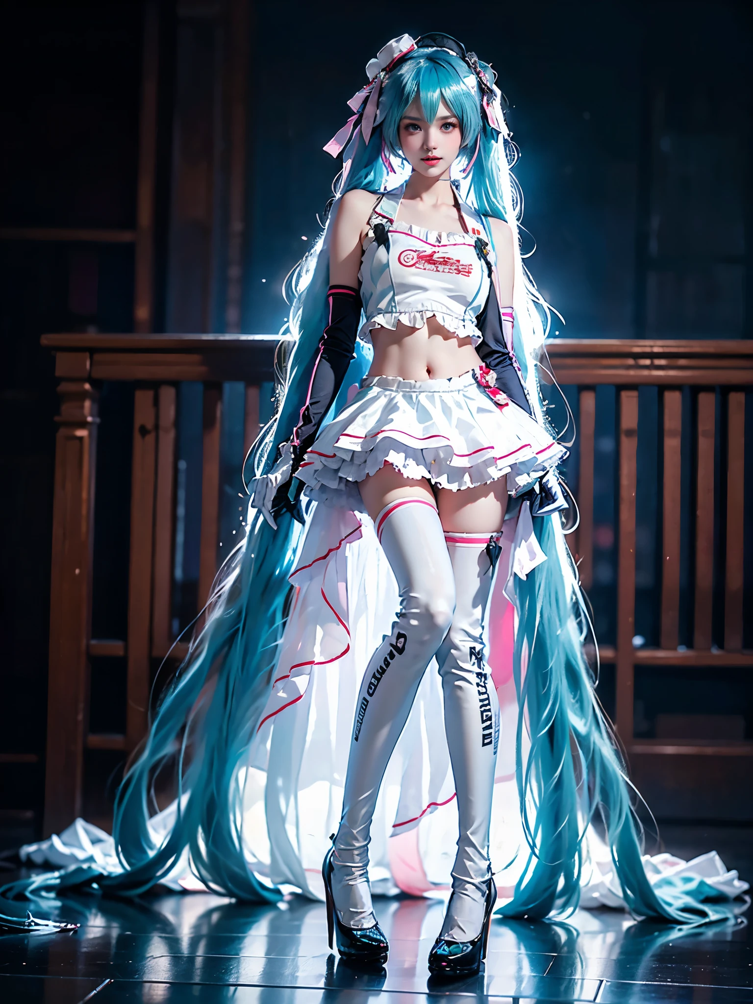 hatsune miku cosplay costume, hatsune miku, racing miku, cosplay, aqua hair, twintails, very long hair, crop top, checkered clothes, midriff, navel, multicolored gloves, elbow gloves, hair ribbon, ribbon, hat, skirt, frilled skirt, thighhighs, print legwear, high heels
,,(masterpiece:1.4), (photorealistic:1.3), (cowboy shot:1.3), (Sitting position:1.4), 1girl, beautiful asian fashion model,(anatomically perfect human body:1.8), (Full breasts, visible cleavage, very short hemlines, elegantly flicked with fingers), (realistic feminine legs:1.8),(anatomically correct joints:1.6),(legs proportion 1.5x torso:1.6),(natural leg flow from hip to ankle:1.6),elegant sitting pose against staircase railing,(right leg naturally extended:1.4),(left leg slightly bent:1.4),professional fashion photography, sharp focus, 8k uhd