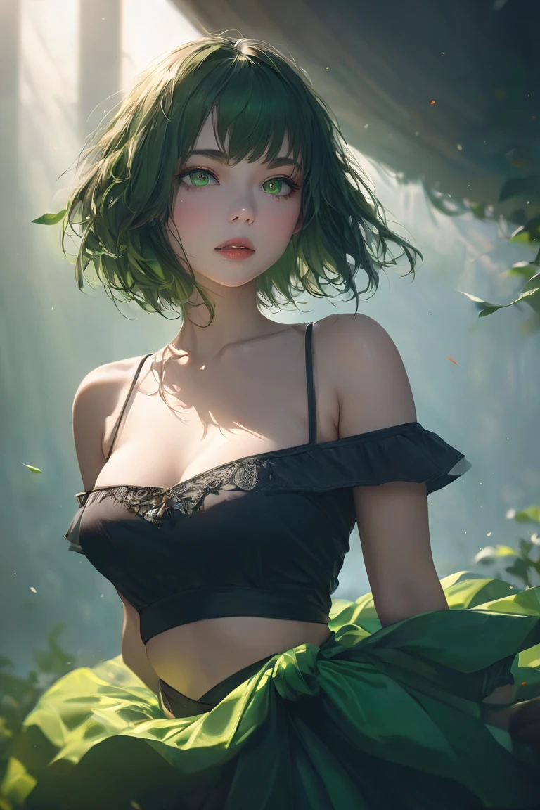 white background, 1girl, parted lips, <lora:CHAR-OnoShiragiku:1>, OnoShiragiku, bob cut, ( bra:1.2), panties, green hair, (green eyes:1.2),