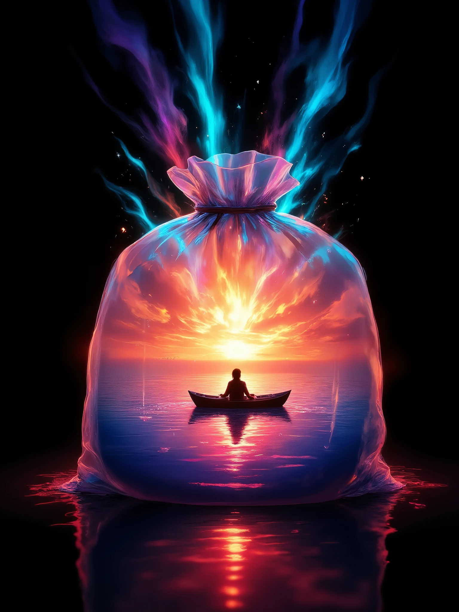 Transparent bag, bag is sealed, bag reflects light, bag interview clothes dreamlike romantic world, sunset and sun rays are sealed in the bag, sunlight rays are colorful, gorgeous, scattered in the bag, meticulous painting, a person boating on the water, sparkling, starlight, bright colors, colorful, abstract, art illustration, Light and shadow are divided into, sunset, gorgeous glow, background is pure black, HD, 4k, extreme art, vista, depth of field, illustration, hand-painted, fine painting