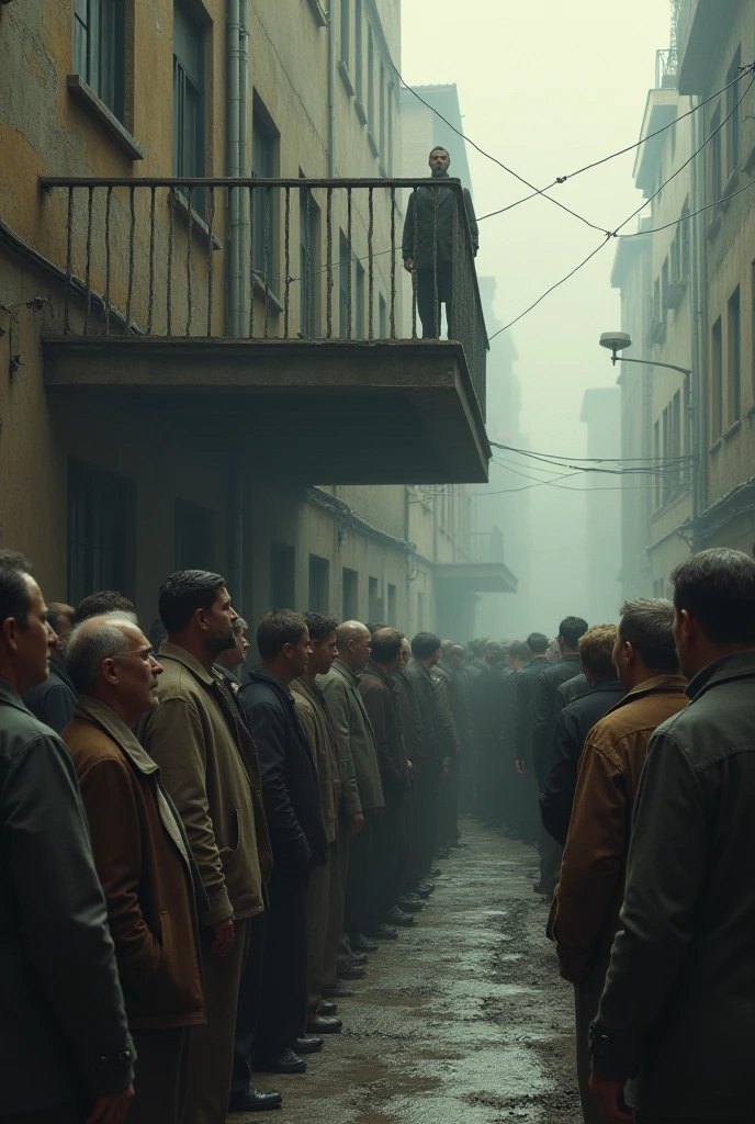 Desenhe uma cena em um local urbano ao ar livre, onde um homem magro e careca, veste uma camisa verde escura, the shirt is short sleeve style, is in the center of the image. The man is bald, The Thin Man Stands Still, as a crowd of people gathers around him. As pessoas em movimento, creating a blur of activity around the thin man. people very close to each other, Filling the open space in the city. The scene should be represented at an angle that highlights the thin man in the crowd and the urban atmosphere around him. The scene is done in half a shot, The man is facing, the people who are around are out of focus with blur showing that they are walking fast