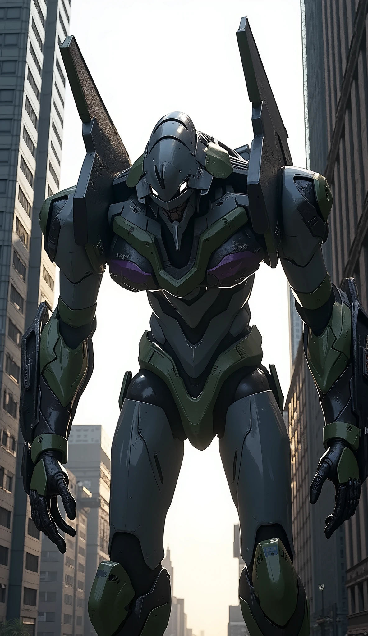 head out of frame、7-EVA 01 Gloss Surface Finish 、Slim fit、huge、Hunchback、Masterpiece、Bright light source、Official livery、 best quality 、Buildings、 best quality 、 best image quality 、 Depth of Subject 、