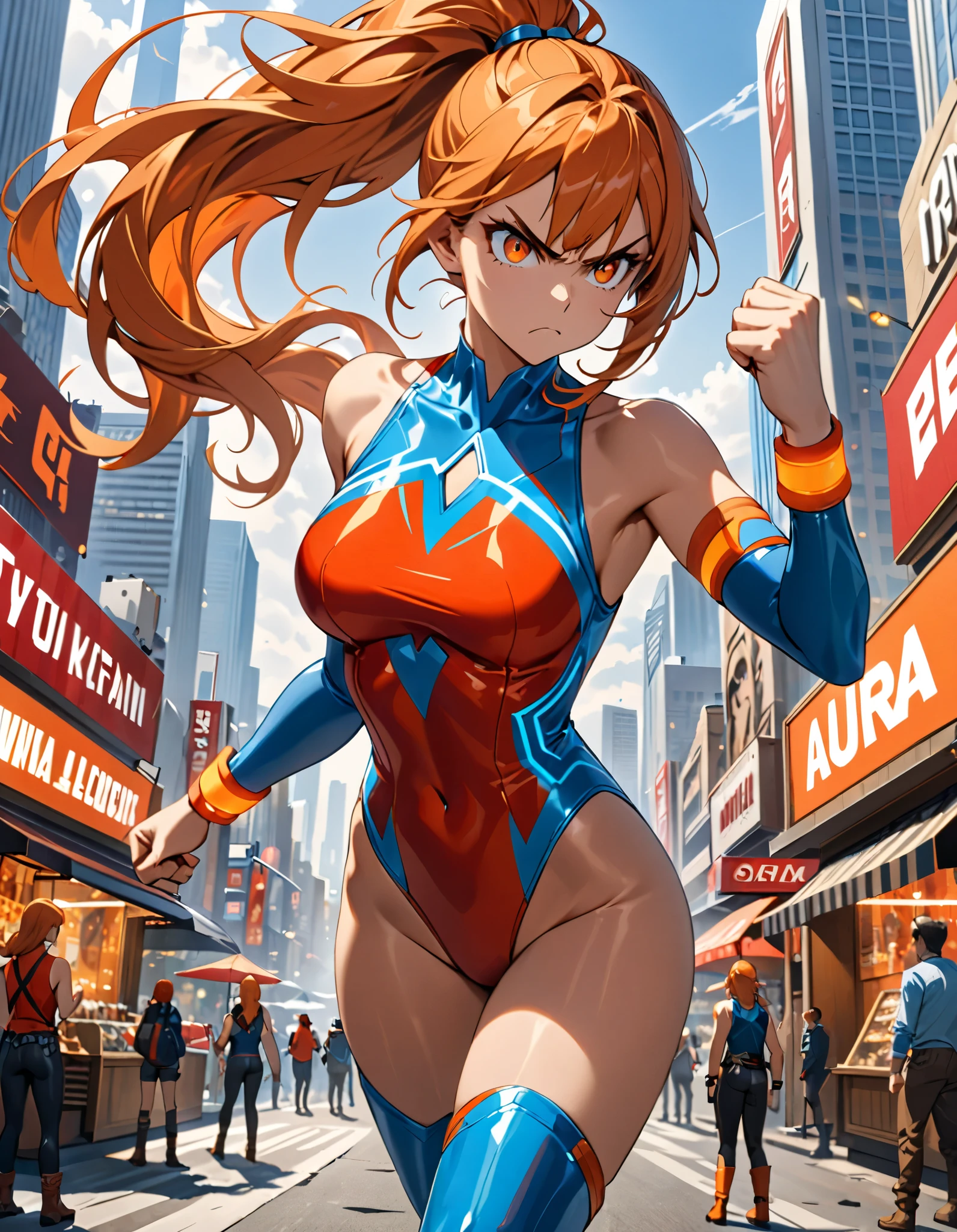 (masterpiece), (Highest quality), (High resolution), Big breasts,, ((leotard, white and red leotard, matching leotard, No sleeve, barefoot)), ((Tight belt, Gold Belt)), ((boots, matching boots, ankle-high boots, white boots)), ((gloves, white gloves)), Urban Background, tokyo Urban Background, alone, alone focus, dynamicなファイティングポーズ, (whole body), Cowboy Shot, Superhero, ((Beautiful attention to detail)), ((Gold star symbol on chest)), (Brown Hair, Long Hair,Green Eyes),(Perfect hands, Perfect Anatomy), Superhero, ((Beautiful attention to detail)), whole body costume design. Energy ball in hand.Sweat,dynamic,dynamic,big breast,very big breast,During the game,Battle Scenes,Dark atmosphere,scar,