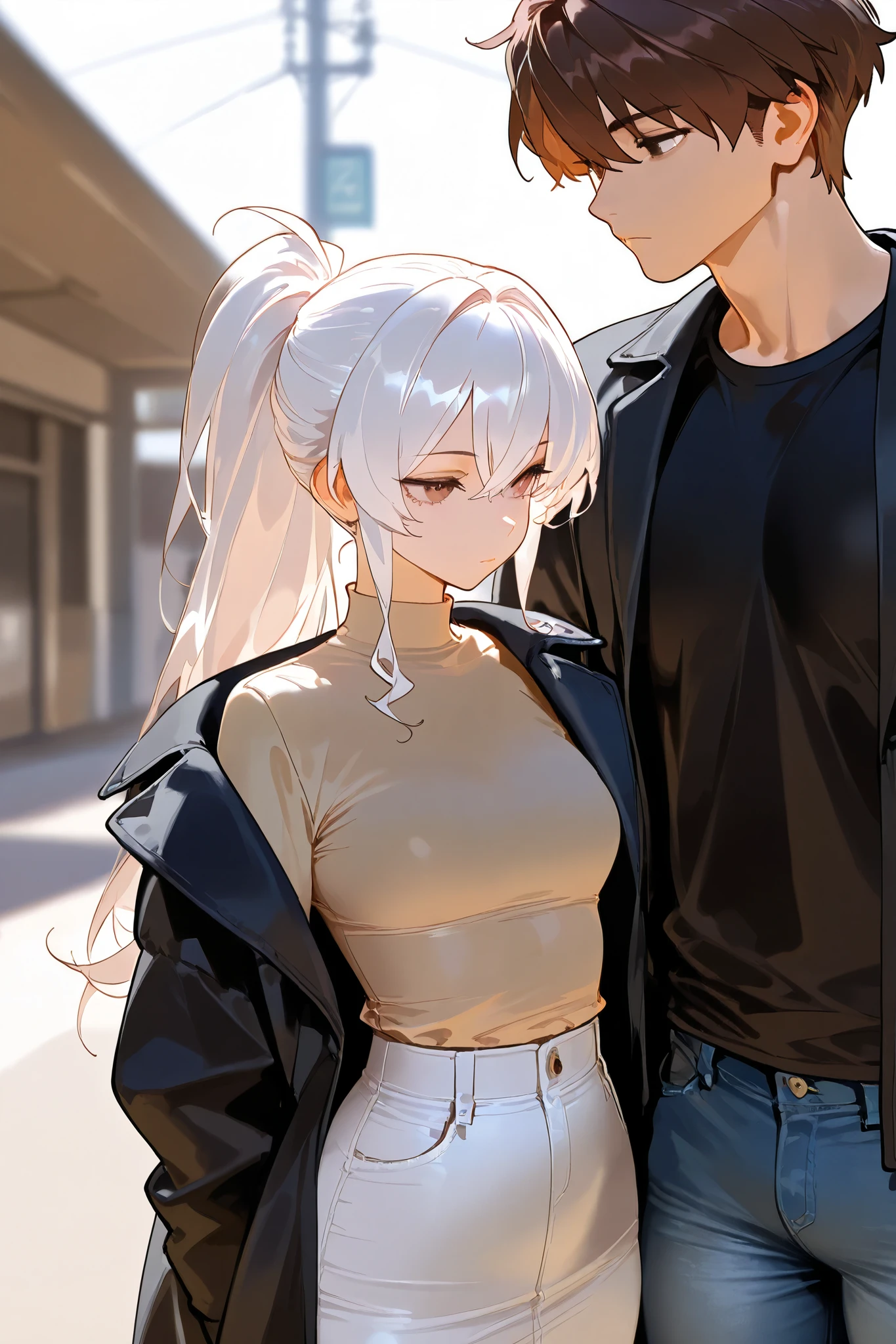 best quality, masterpiece, highest resolution,1girl:long ponytail, Beige shirt, white skirt,white hair,expressionless And 1male,brown hair, black shirt, jeans,expressionless,pixie hair,small smile,adult,black coat