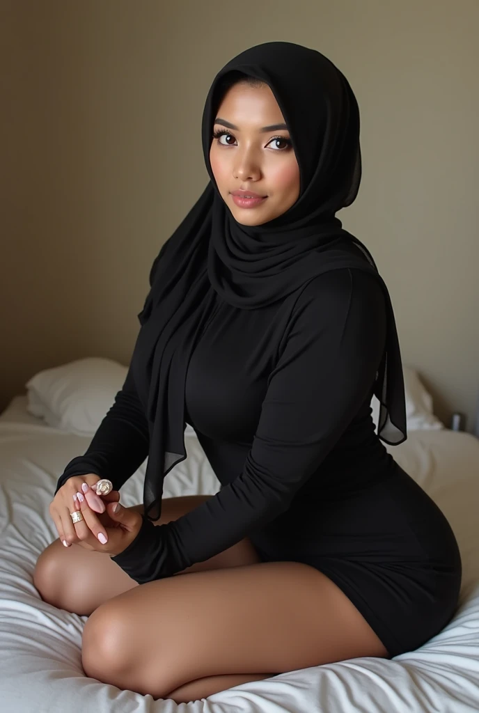 Asian hijab girl, brown skin, tight pants, at bedroom, kamasutra, look at camera, short body