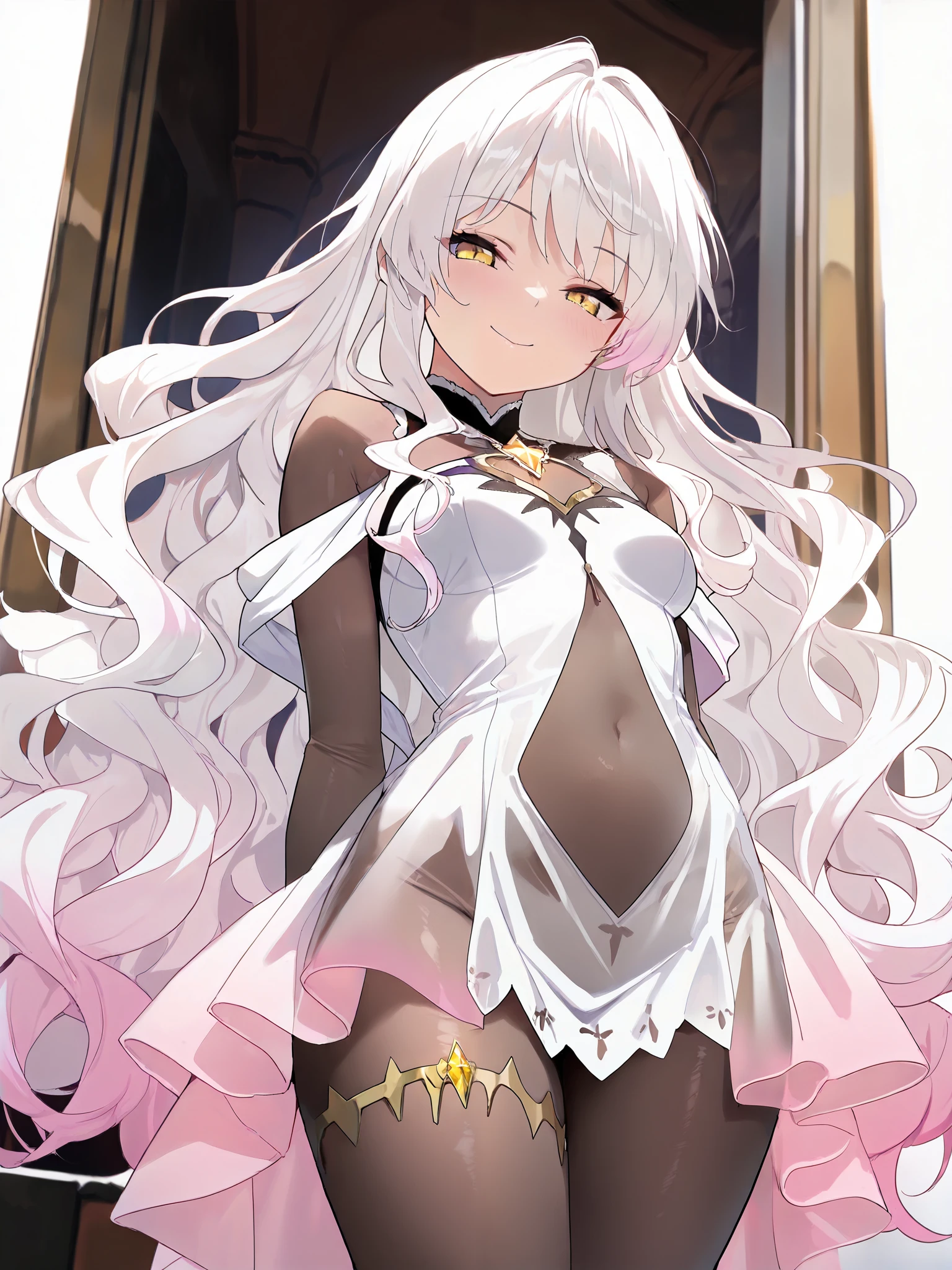 young girl, black skin, Long white hair with a pink parting, pink eyes, smirk, Vampire, White rich dress, Sleeveless, open breasts, Masterpiece, hiquality