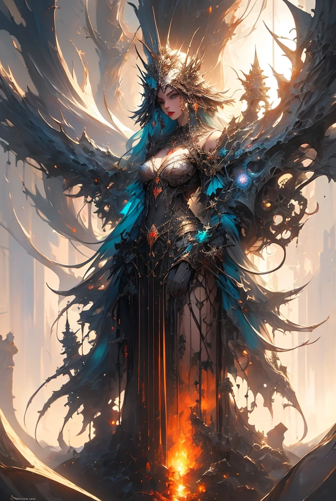 "((Enigmatic)) painting, misty atmosphere, mysterious ((girl)) with an otherworldly sword, ancient stone altar, gnarled tree, swirling clouds, ethereal glow, (hyper-detailed), ((surreal))